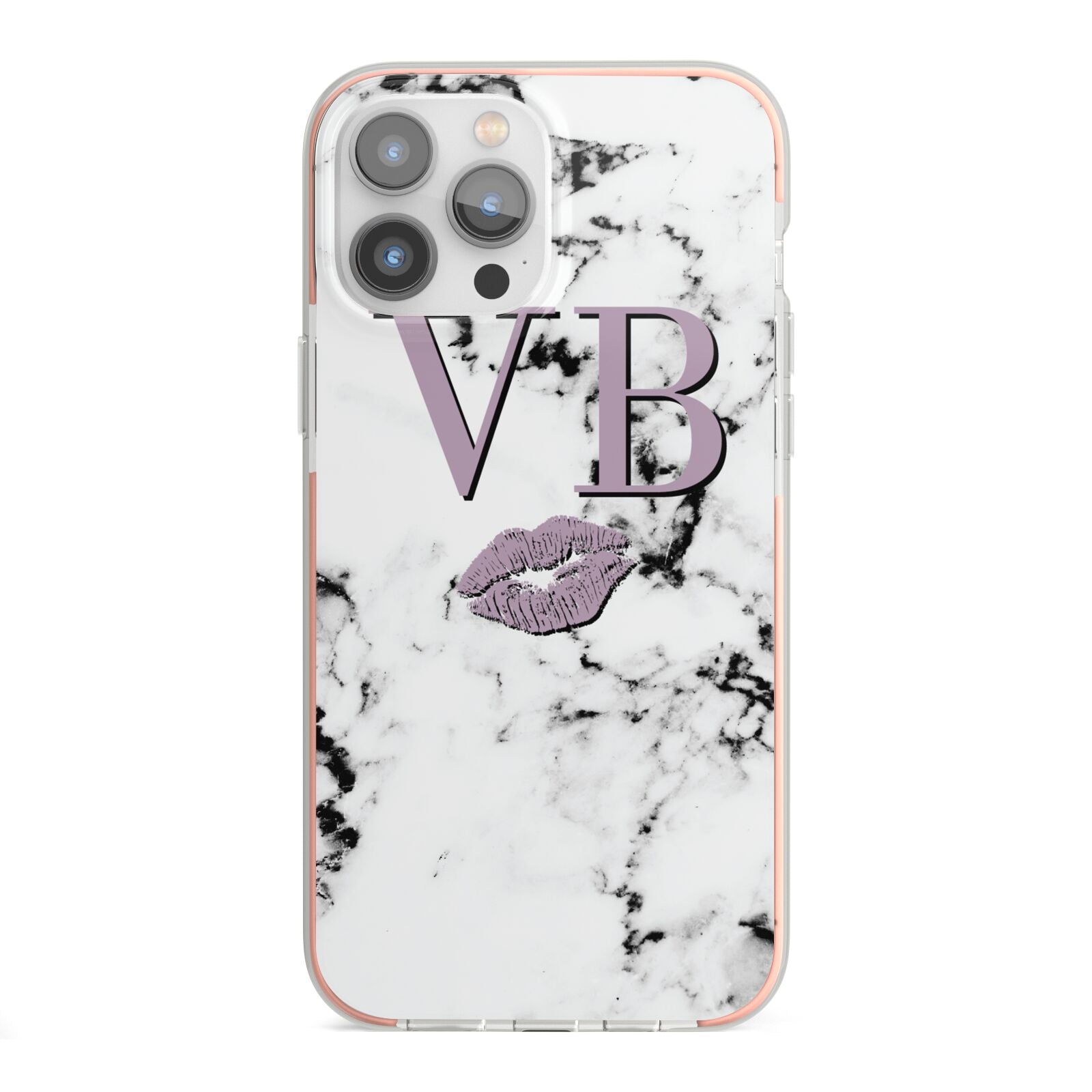 Personalised Lipstick Kiss Initials Marble iPhone 13 Pro Max TPU Impact Case with Pink Edges