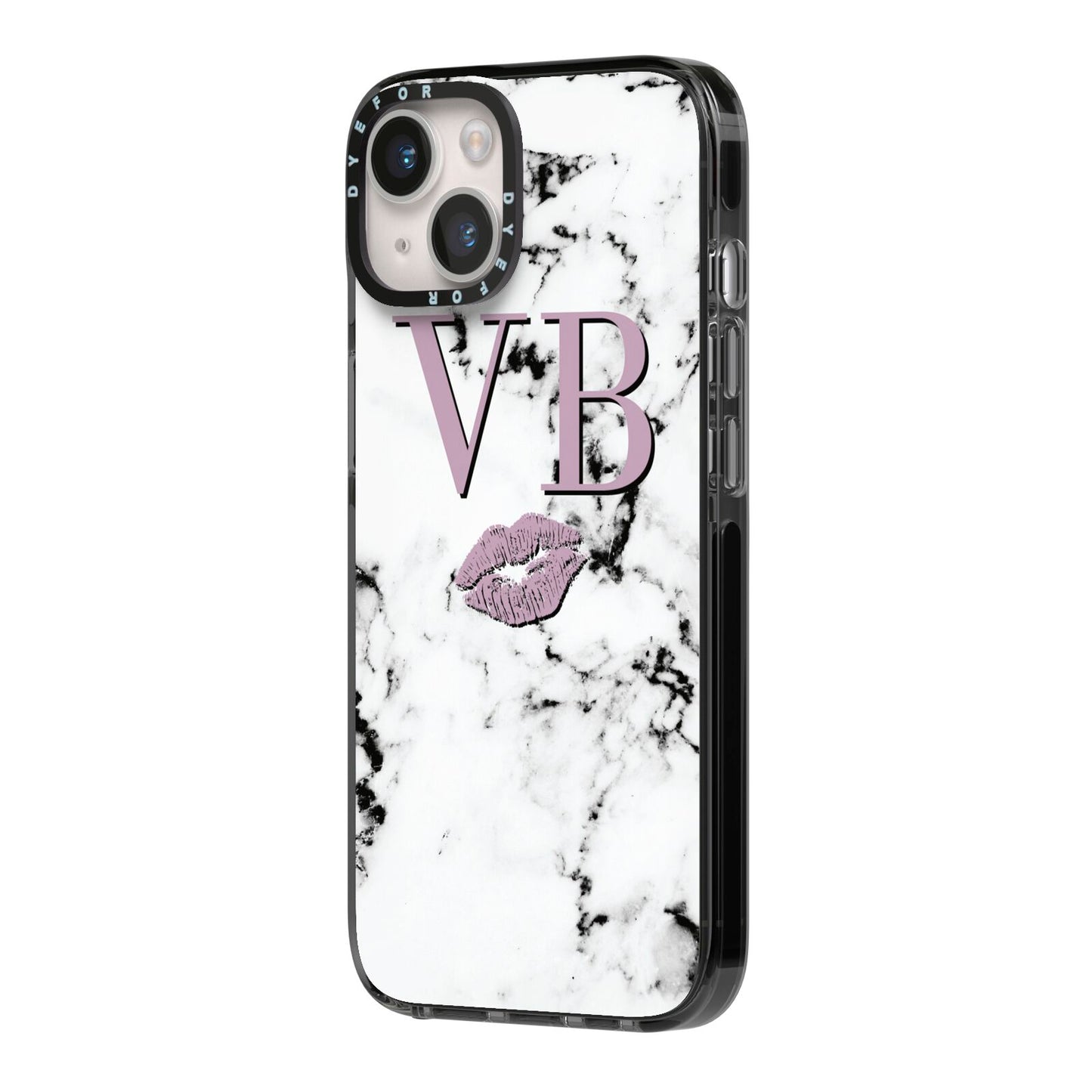 Personalised Lipstick Kiss Initials Marble iPhone 14 Black Impact Case Side Angle on Silver phone