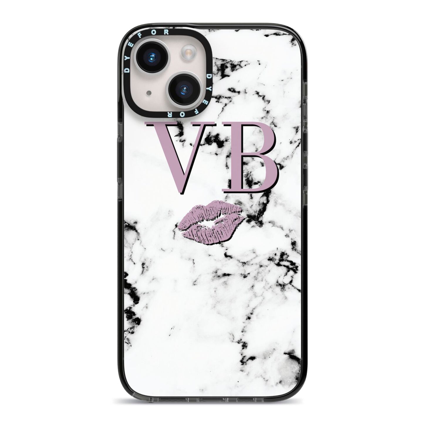 Personalised Lipstick Kiss Initials Marble iPhone 14 Black Impact Case on Silver phone