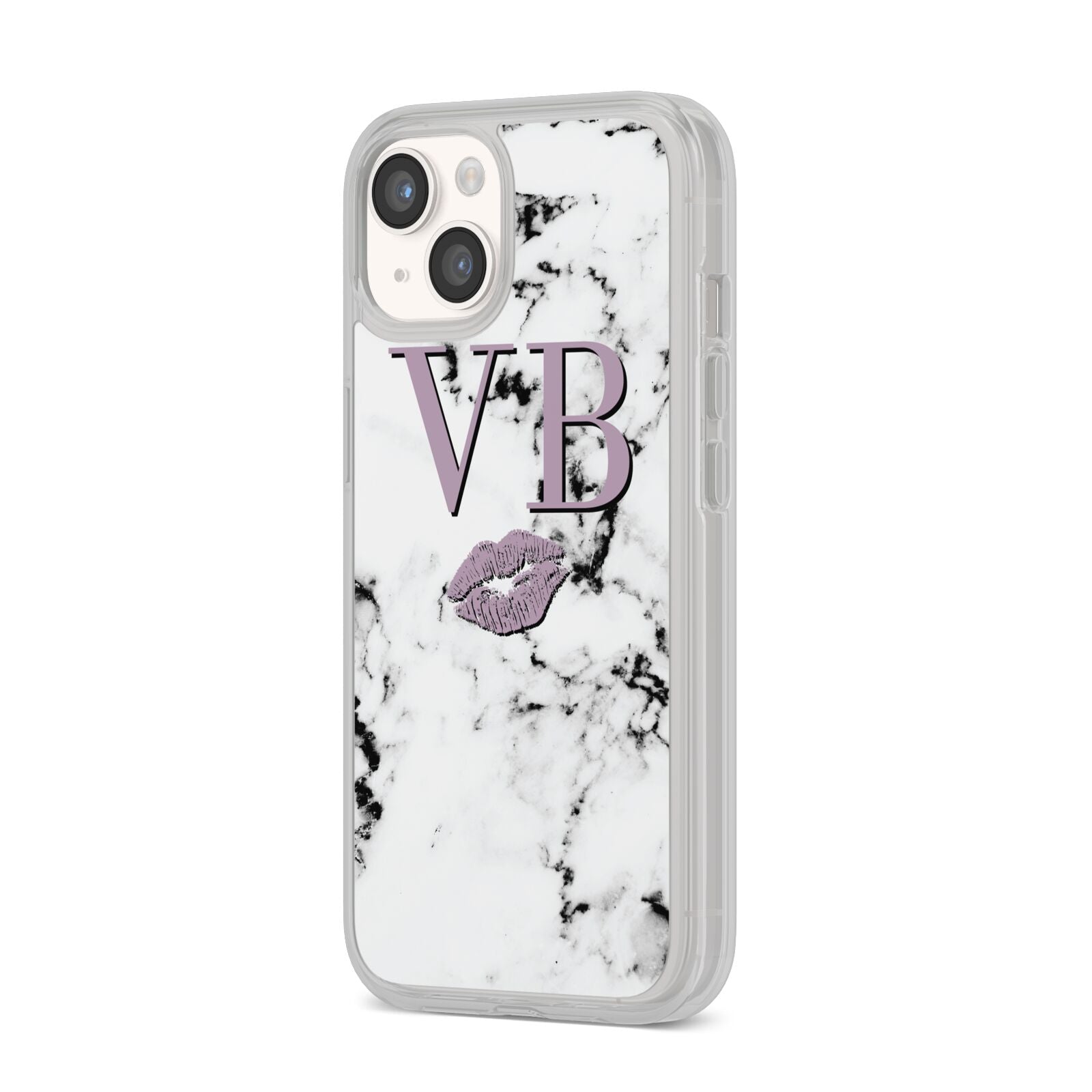 Personalised Lipstick Kiss Initials Marble iPhone 14 Clear Tough Case Starlight Angled Image