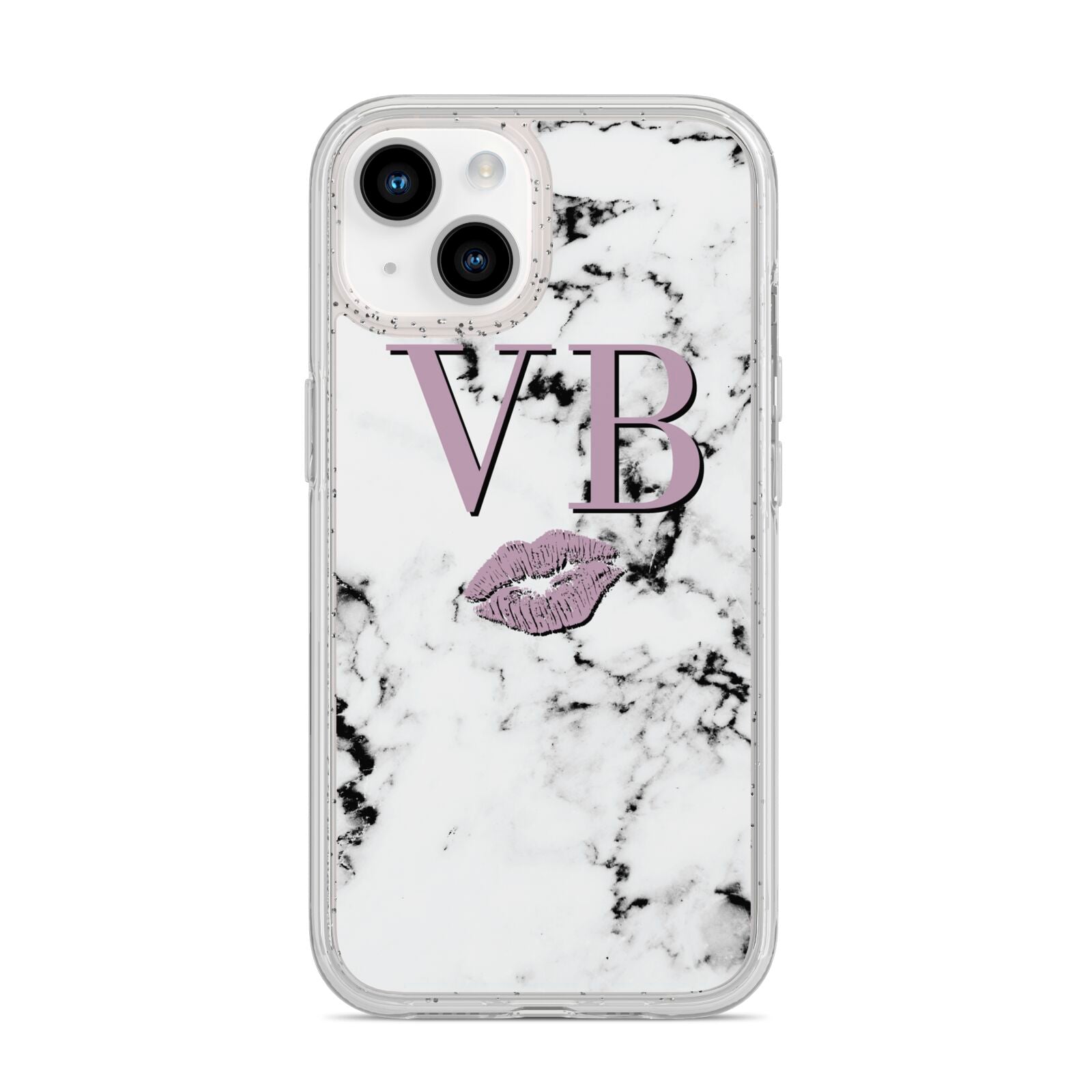 Personalised Lipstick Kiss Initials Marble iPhone 14 Glitter Tough Case Starlight