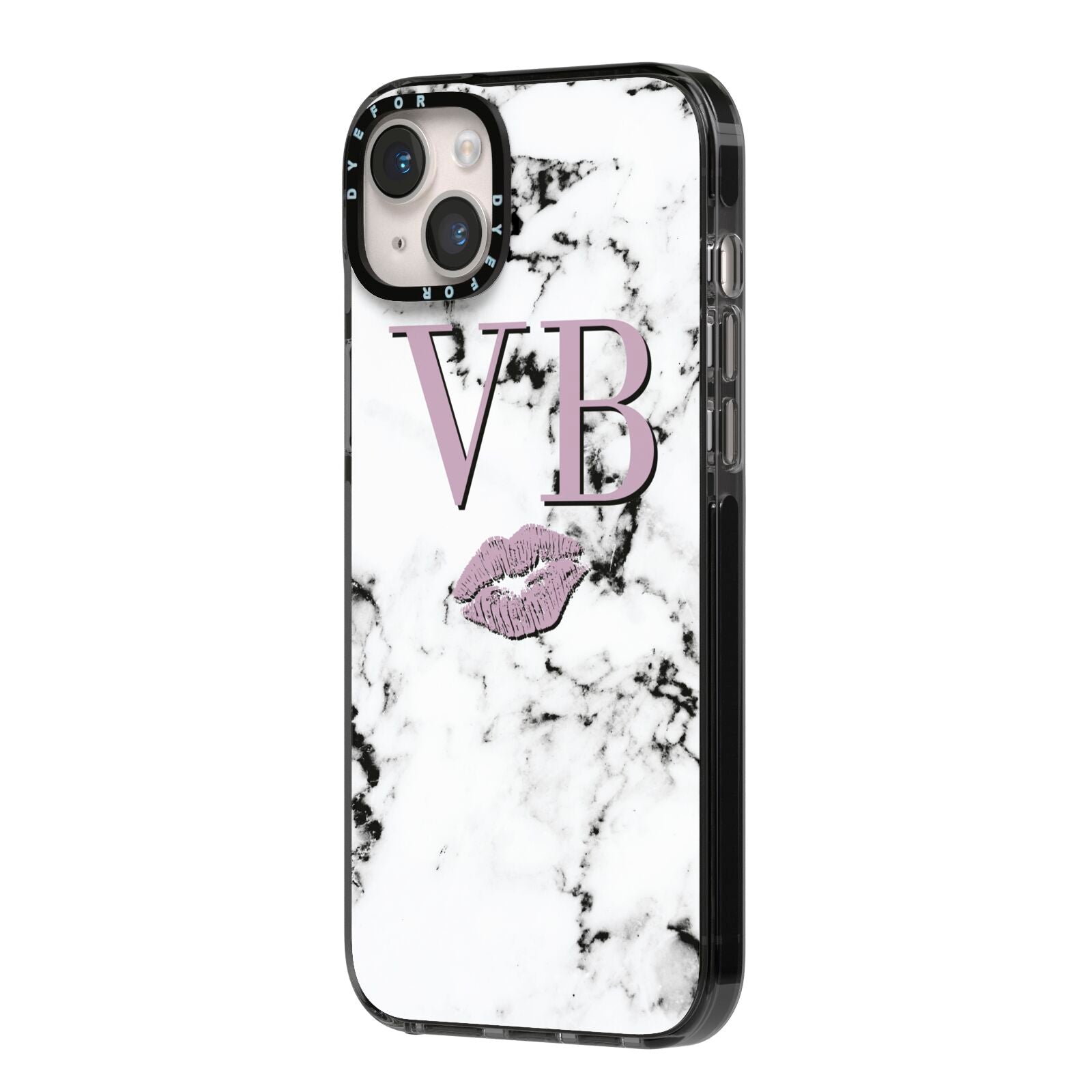 Personalised Lipstick Kiss Initials Marble iPhone 14 Plus Black Impact Case Side Angle on Silver phone