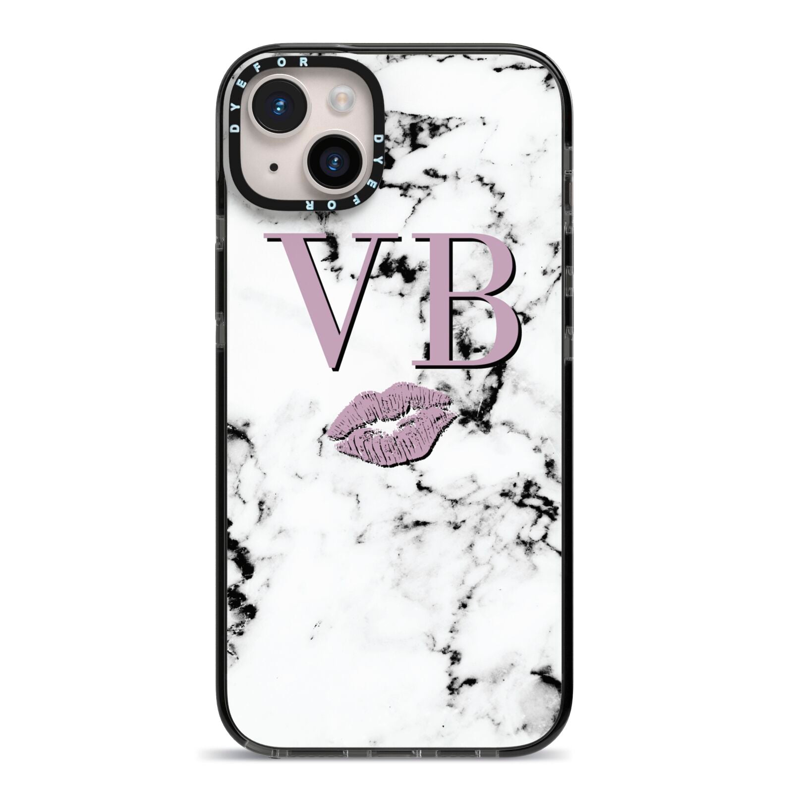 Personalised Lipstick Kiss Initials Marble iPhone 14 Plus Black Impact Case on Silver phone