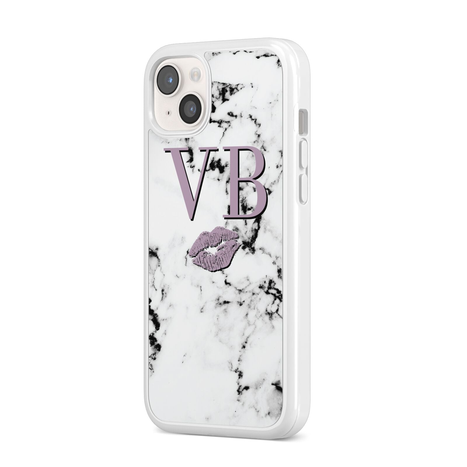 Personalised Lipstick Kiss Initials Marble iPhone 14 Plus Clear Tough Case Starlight Angled Image