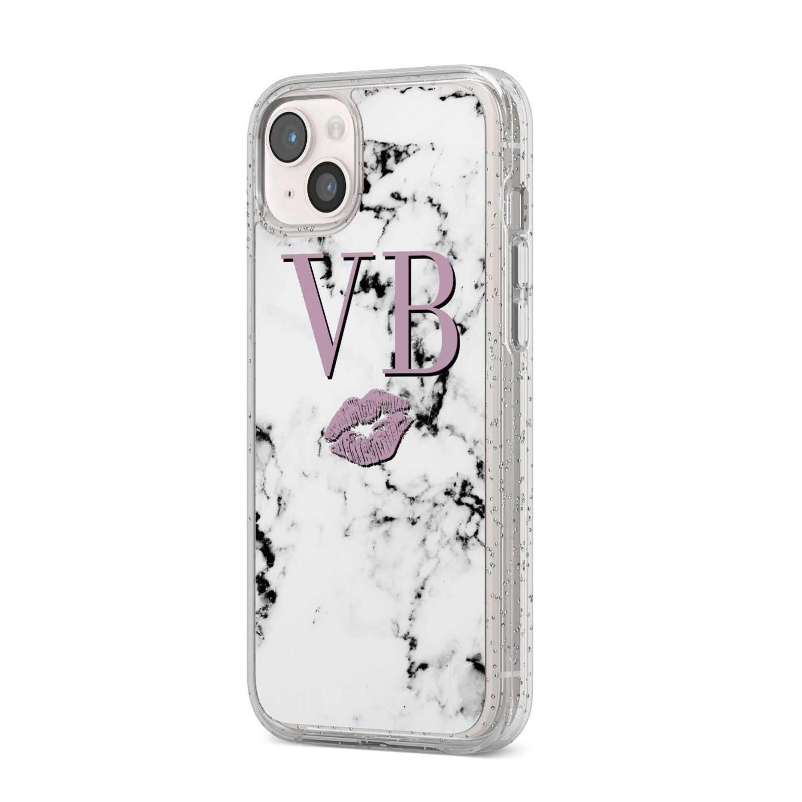 Personalised Lipstick Kiss Initials Marble iPhone 14 Plus Glitter Tough Case Starlight Angled Image