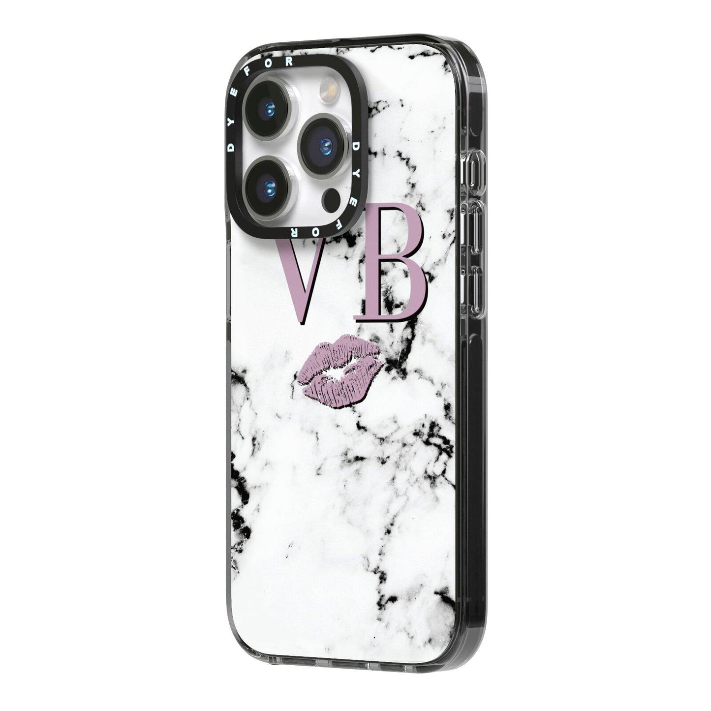 Personalised Lipstick Kiss Initials Marble iPhone 14 Pro Black Impact Case Side Angle on Silver phone