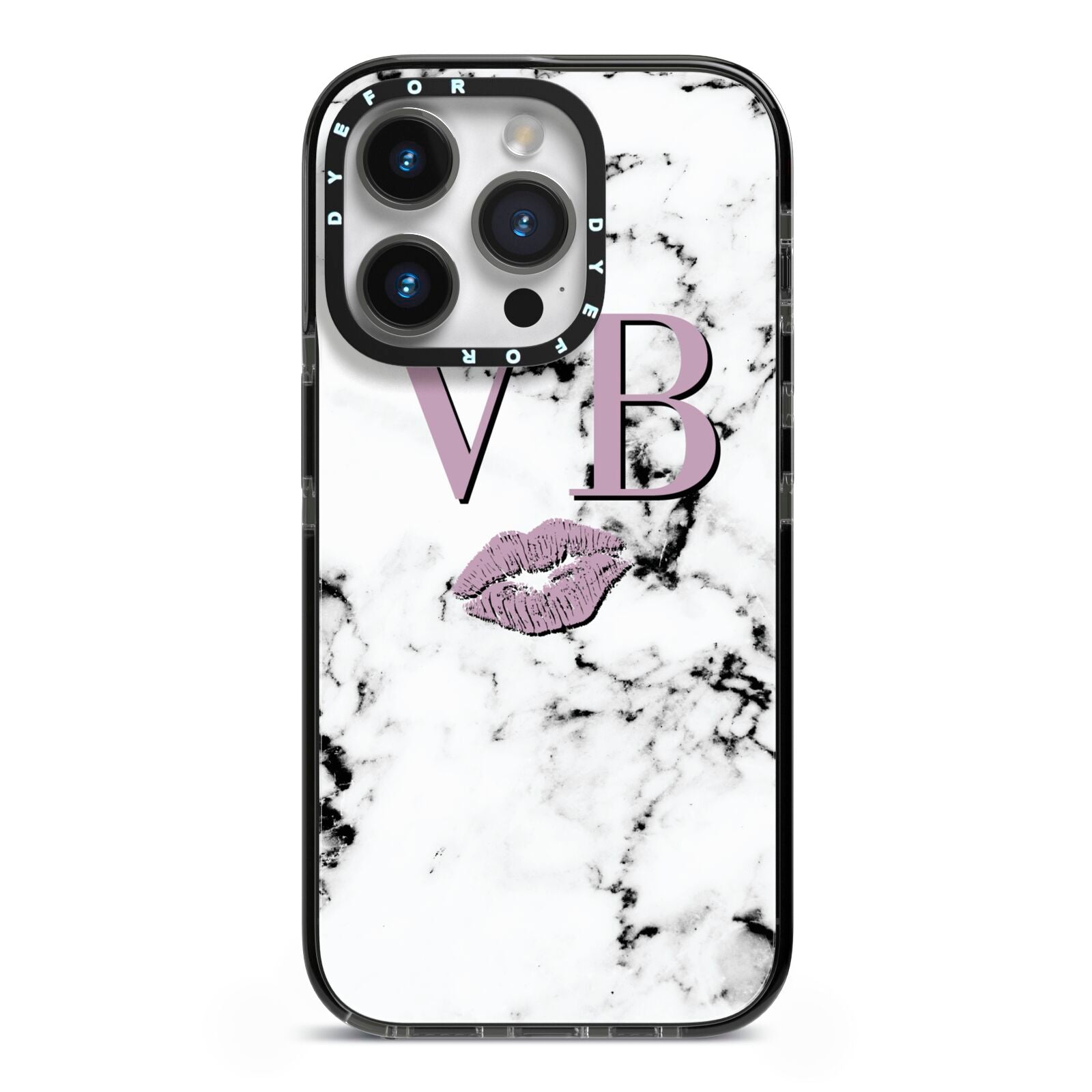 Personalised Lipstick Kiss Initials Marble iPhone 14 Pro Black Impact Case on Silver phone