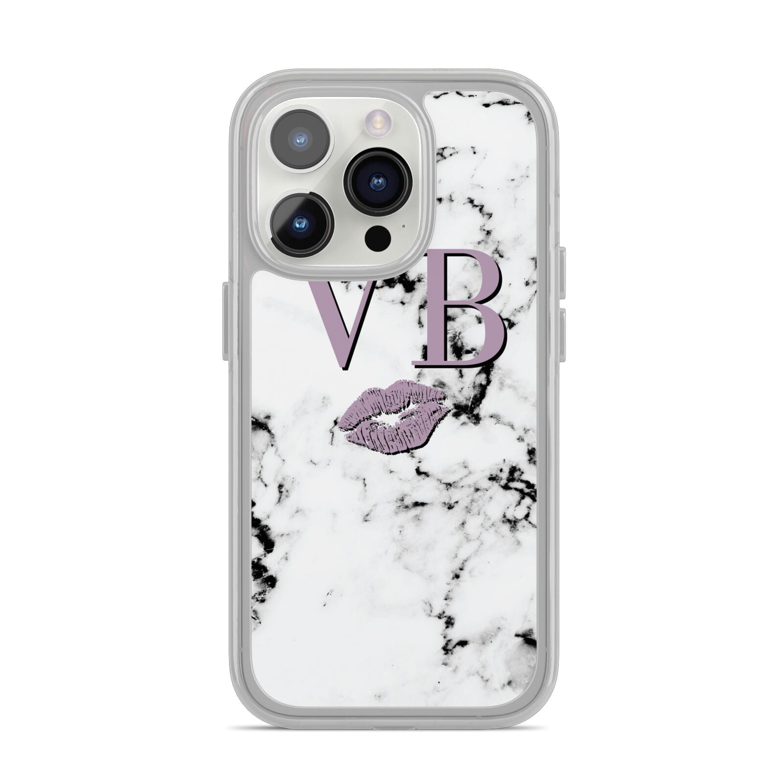 Personalised Lipstick Kiss Initials Marble iPhone 14 Pro Clear Tough Case Silver