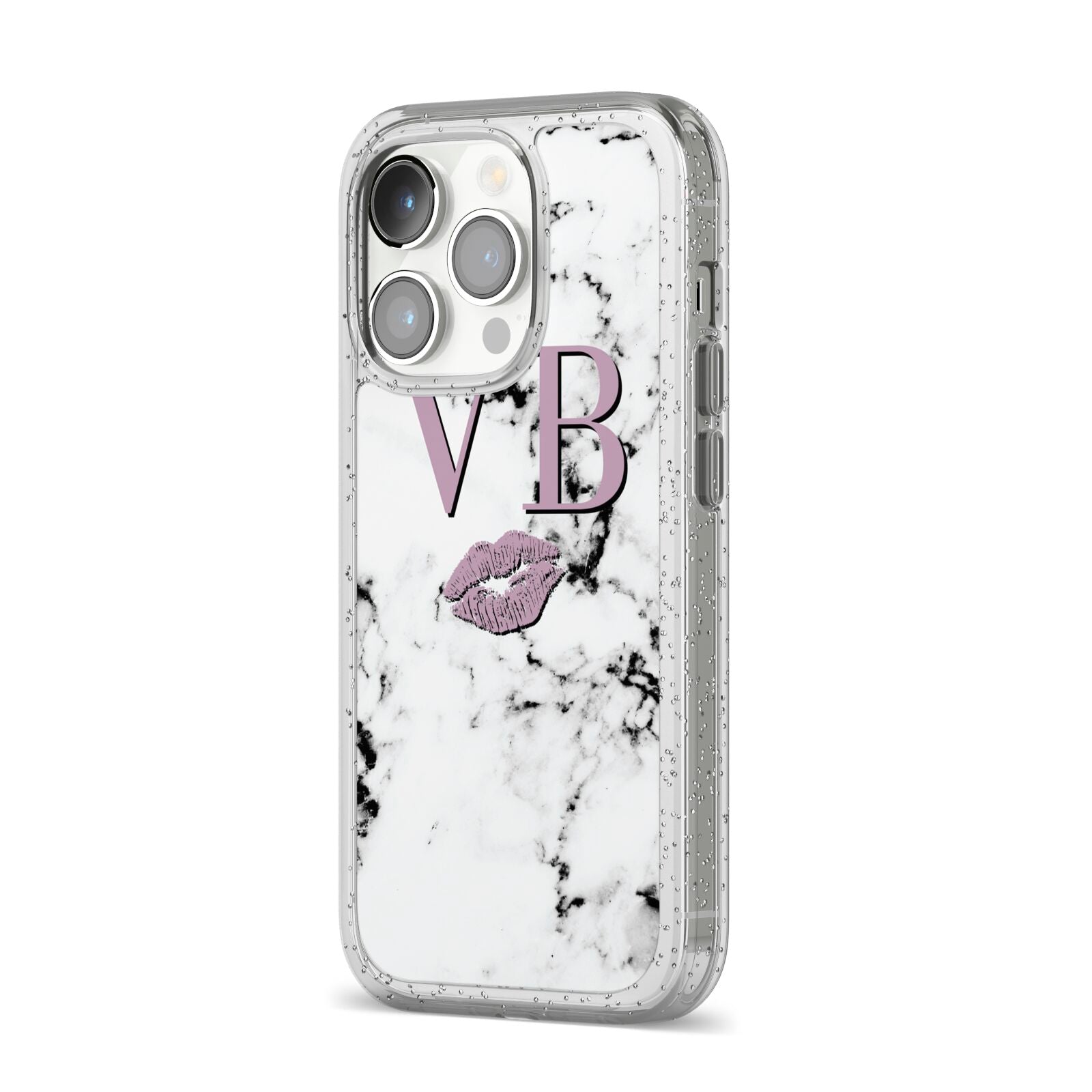 Personalised Lipstick Kiss Initials Marble iPhone 14 Pro Glitter Tough Case Silver Angled Image