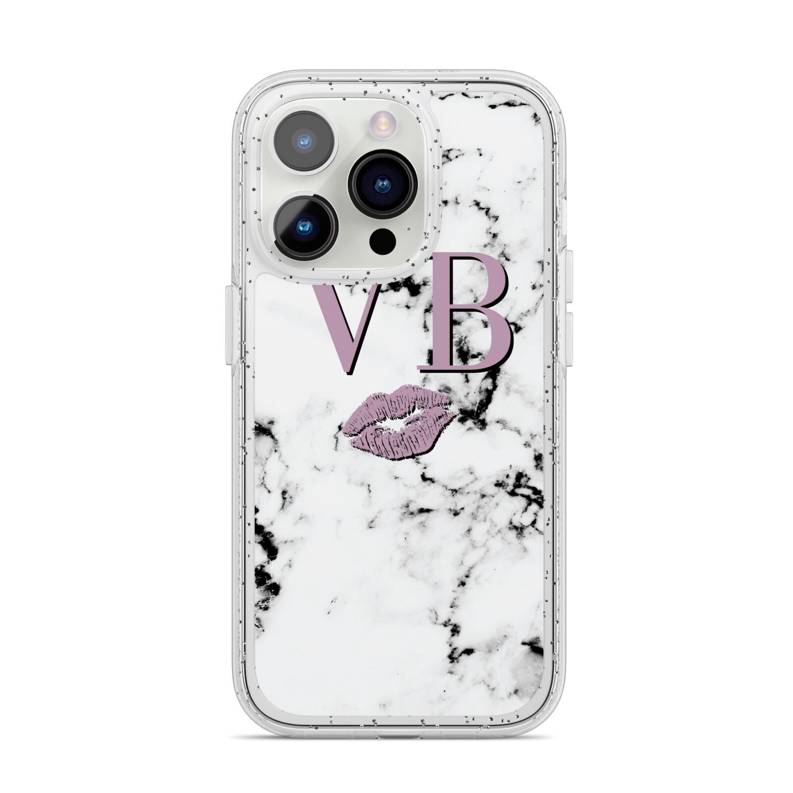 Personalised Lipstick Kiss Initials Marble iPhone 14 Pro Glitter Tough Case Silver