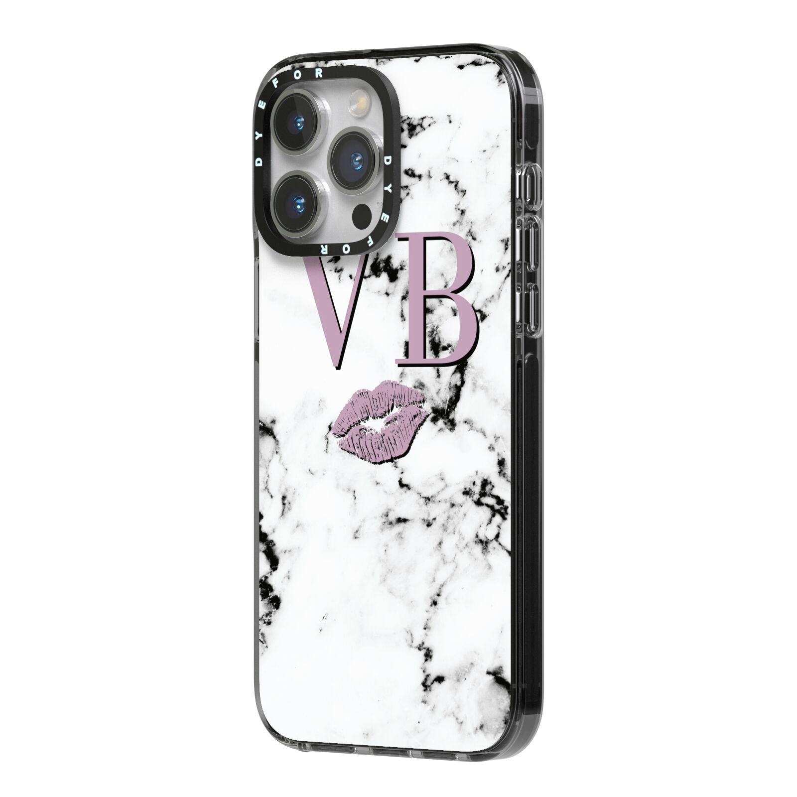 Personalised Lipstick Kiss Initials Marble iPhone 14 Pro Max Black Impact Case Side Angle on Silver phone