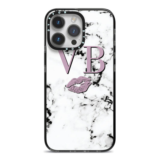 Personalised Lipstick Kiss Initials Marble iPhone 14 Pro Max Black Impact Case on Silver phone