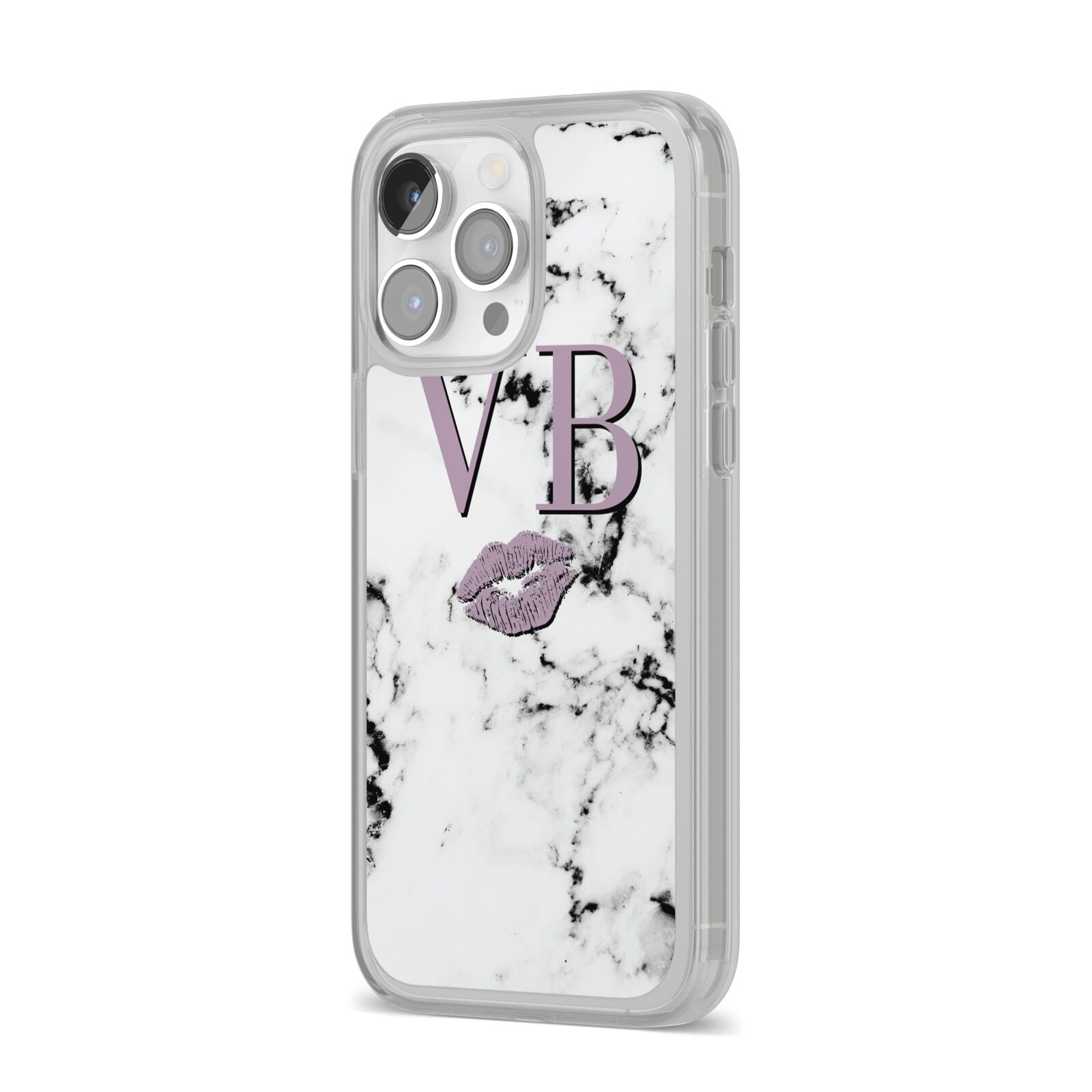 Personalised Lipstick Kiss Initials Marble iPhone 14 Pro Max Clear Tough Case Silver Angled Image