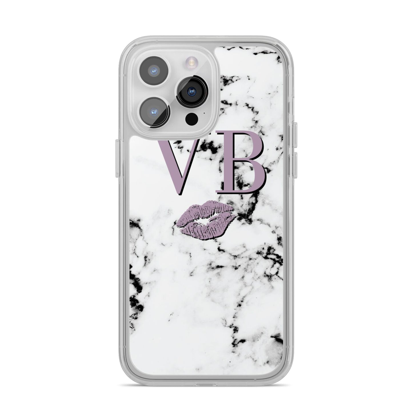 Personalised Lipstick Kiss Initials Marble iPhone 14 Pro Max Clear Tough Case Silver