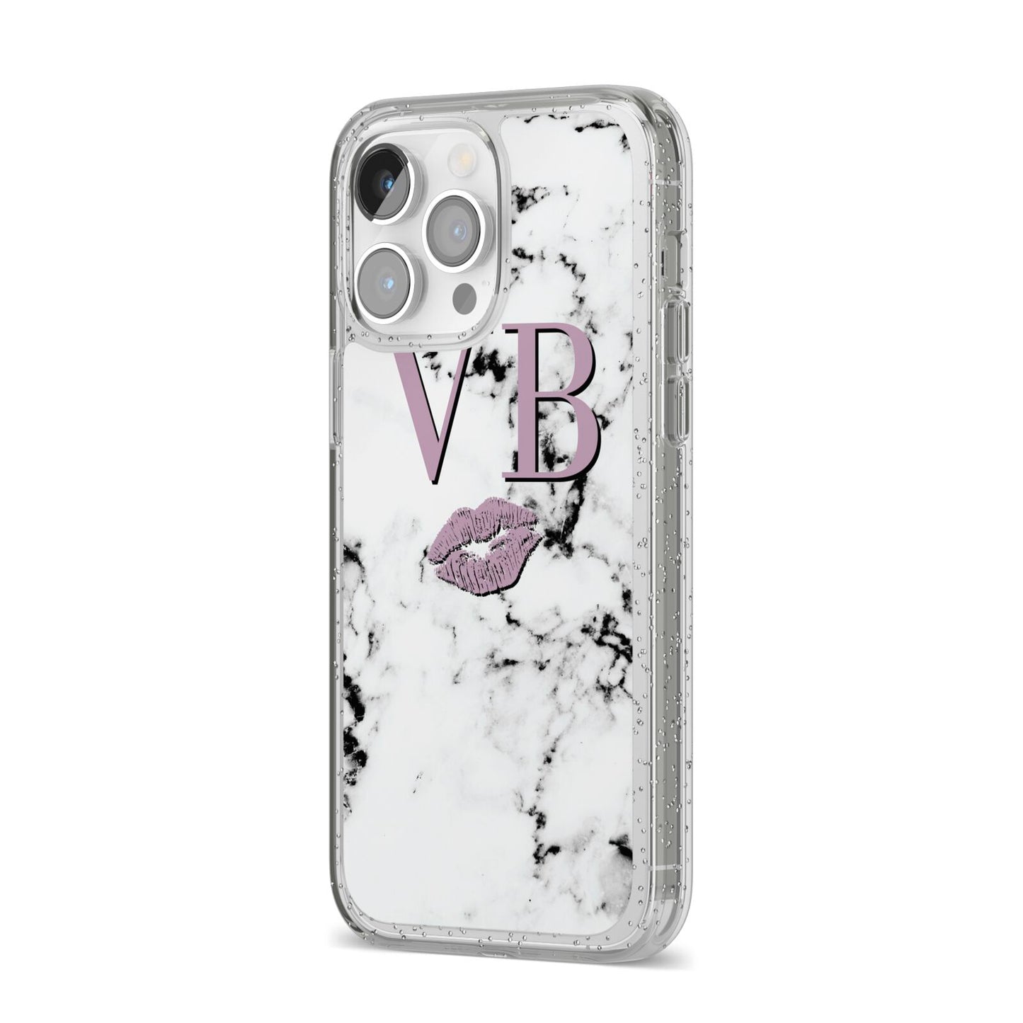 Personalised Lipstick Kiss Initials Marble iPhone 14 Pro Max Glitter Tough Case Silver Angled Image