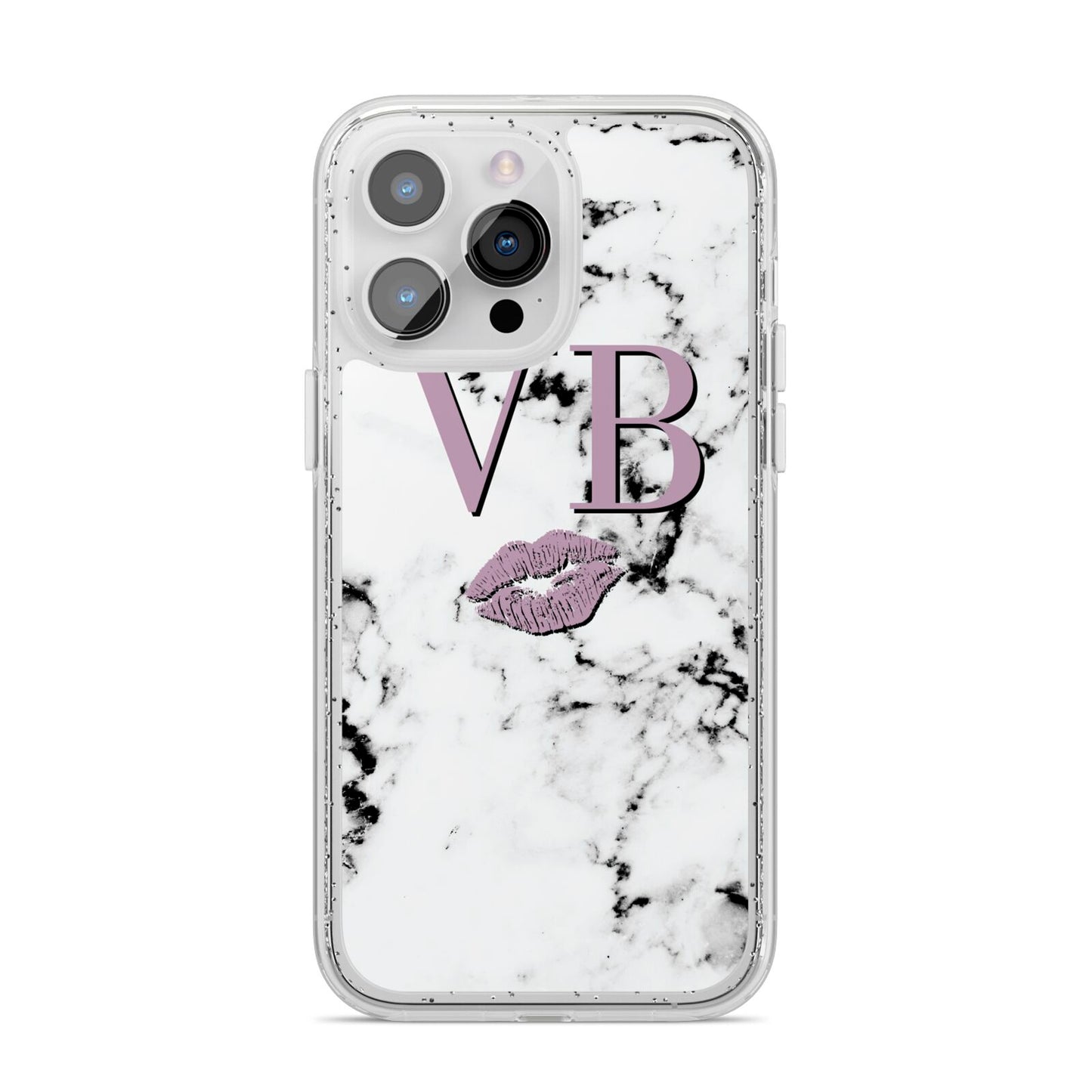 Personalised Lipstick Kiss Initials Marble iPhone 14 Pro Max Glitter Tough Case Silver