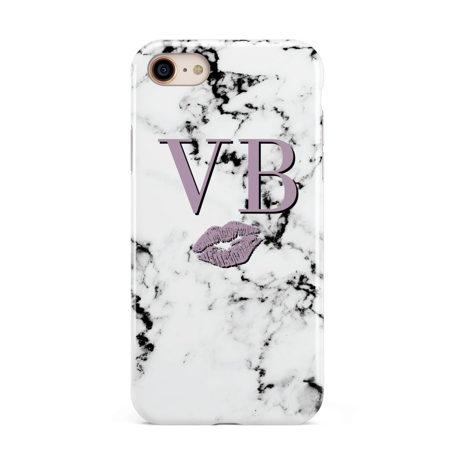 Personalised Lipstick Kiss Initials Marble iPhone 8 3D Tough Case on Gold Phone