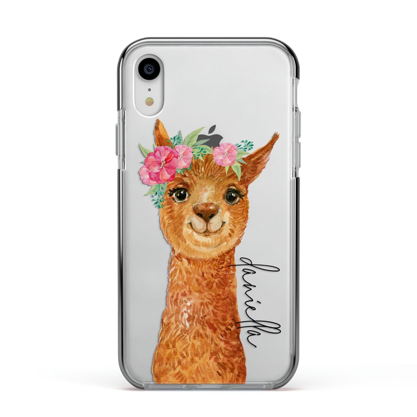 Personalised Llama Apple iPhone XR Impact Case Black Edge on Silver Phone