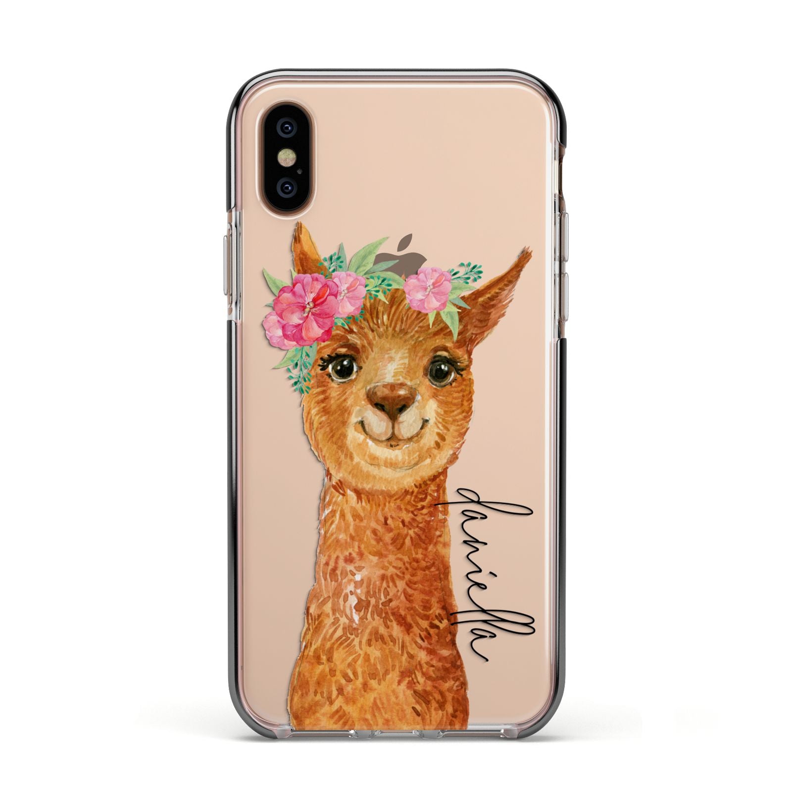 Personalised Llama Apple iPhone Xs Impact Case Black Edge on Gold Phone