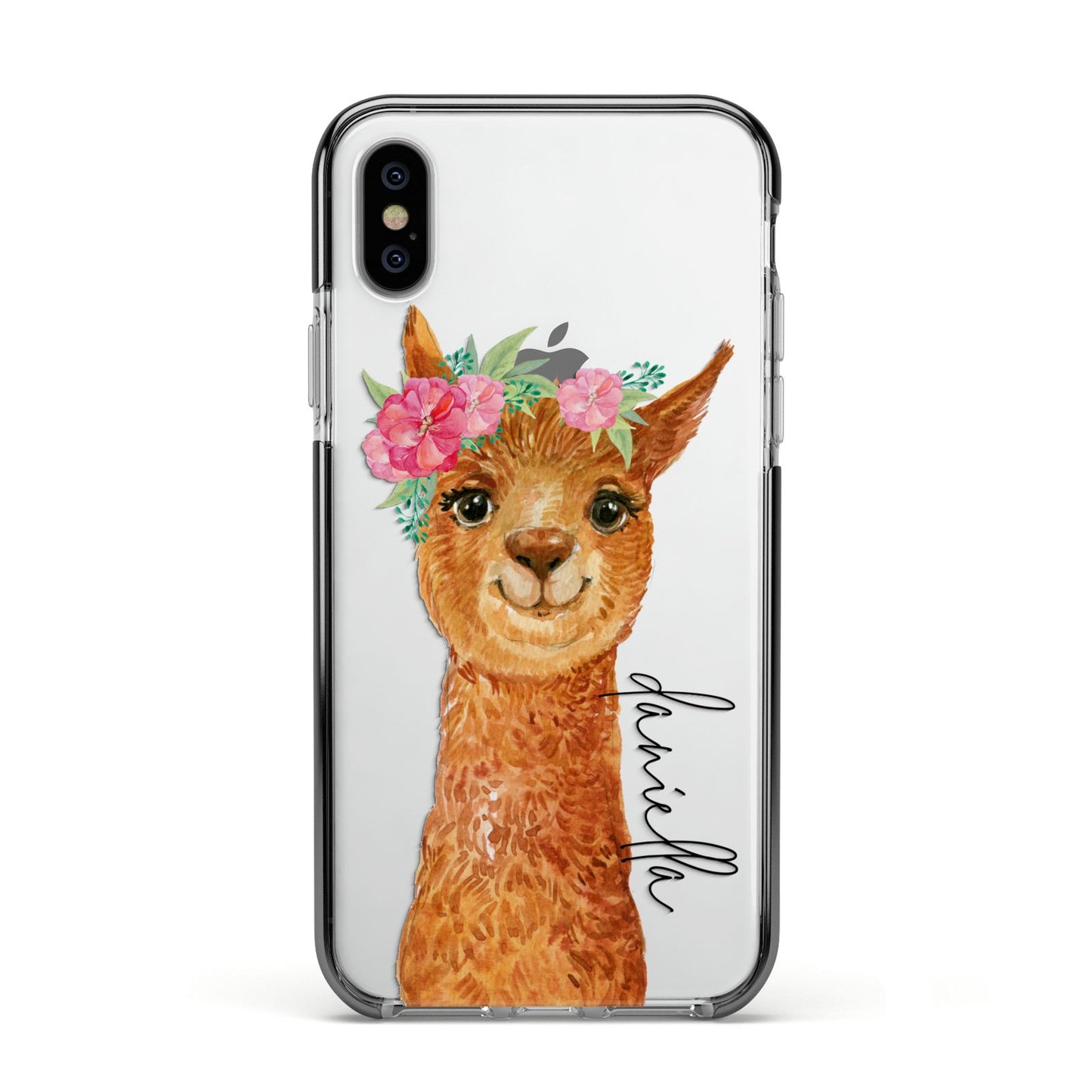 Personalised Llama Apple iPhone Xs Impact Case Black Edge on Silver Phone