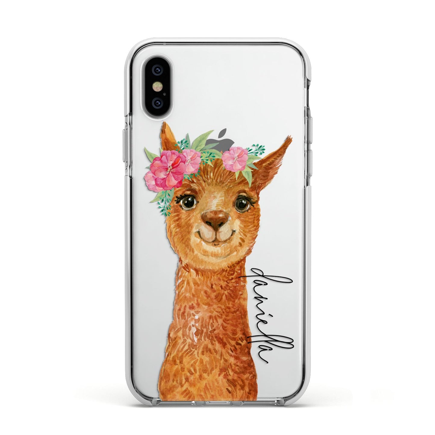 Personalised Llama Apple iPhone Xs Impact Case White Edge on Silver Phone