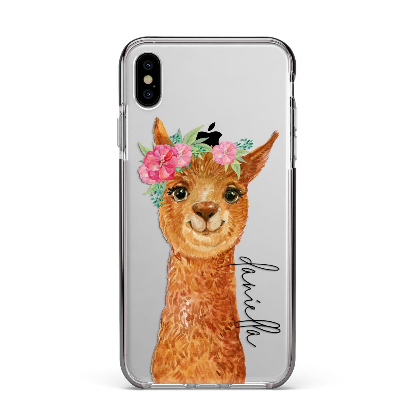 Personalised Llama Apple iPhone Xs Max Impact Case Black Edge on Silver Phone