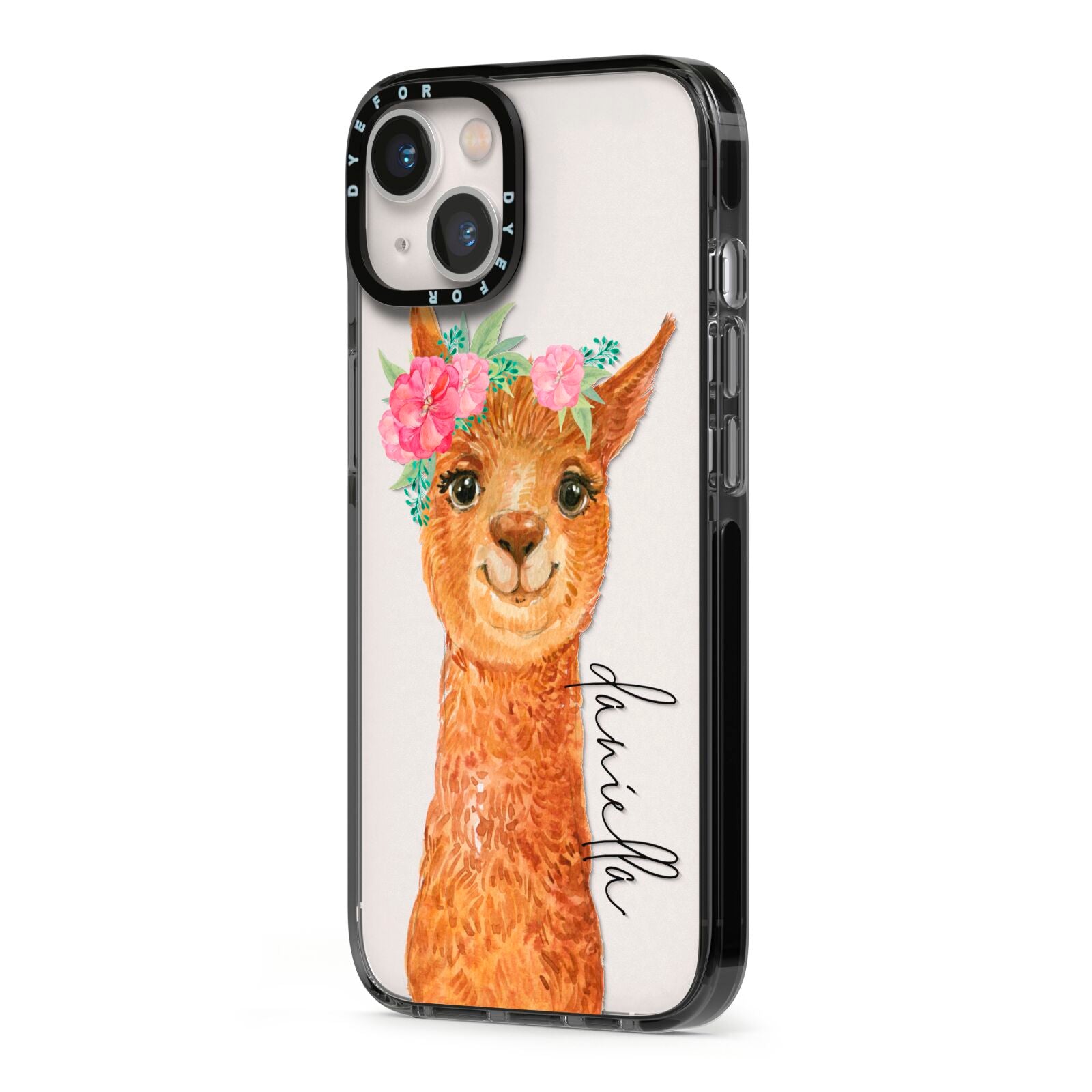 Personalised Llama iPhone 13 Black Impact Case Side Angle on Silver phone