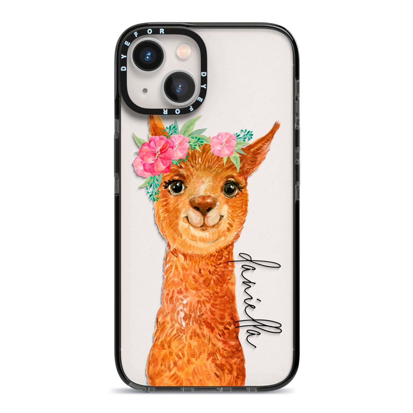 Personalised Llama iPhone 13 Black Impact Case on Silver phone