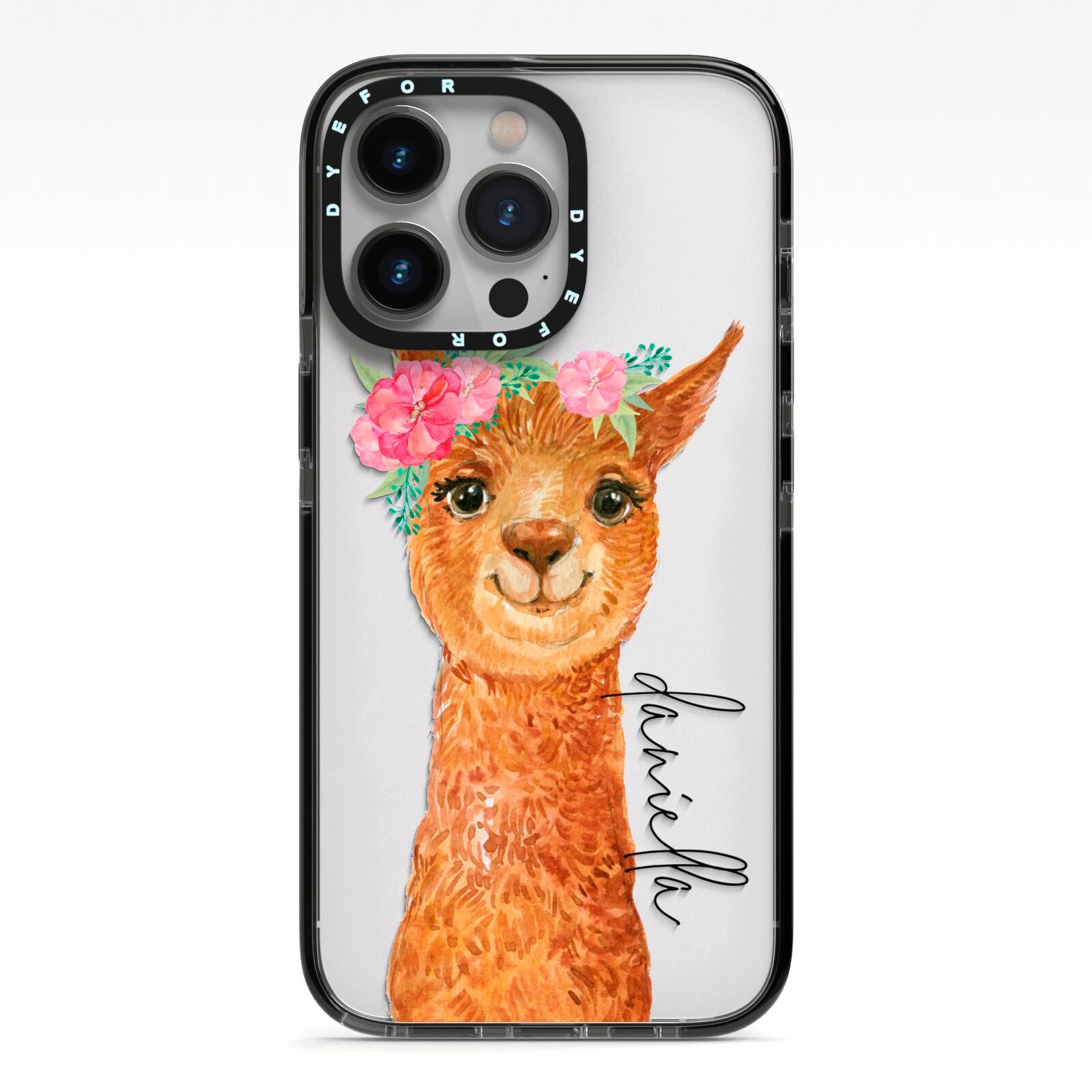 Personalised Llama iPhone 13 Pro Black Impact Case on Silver phone