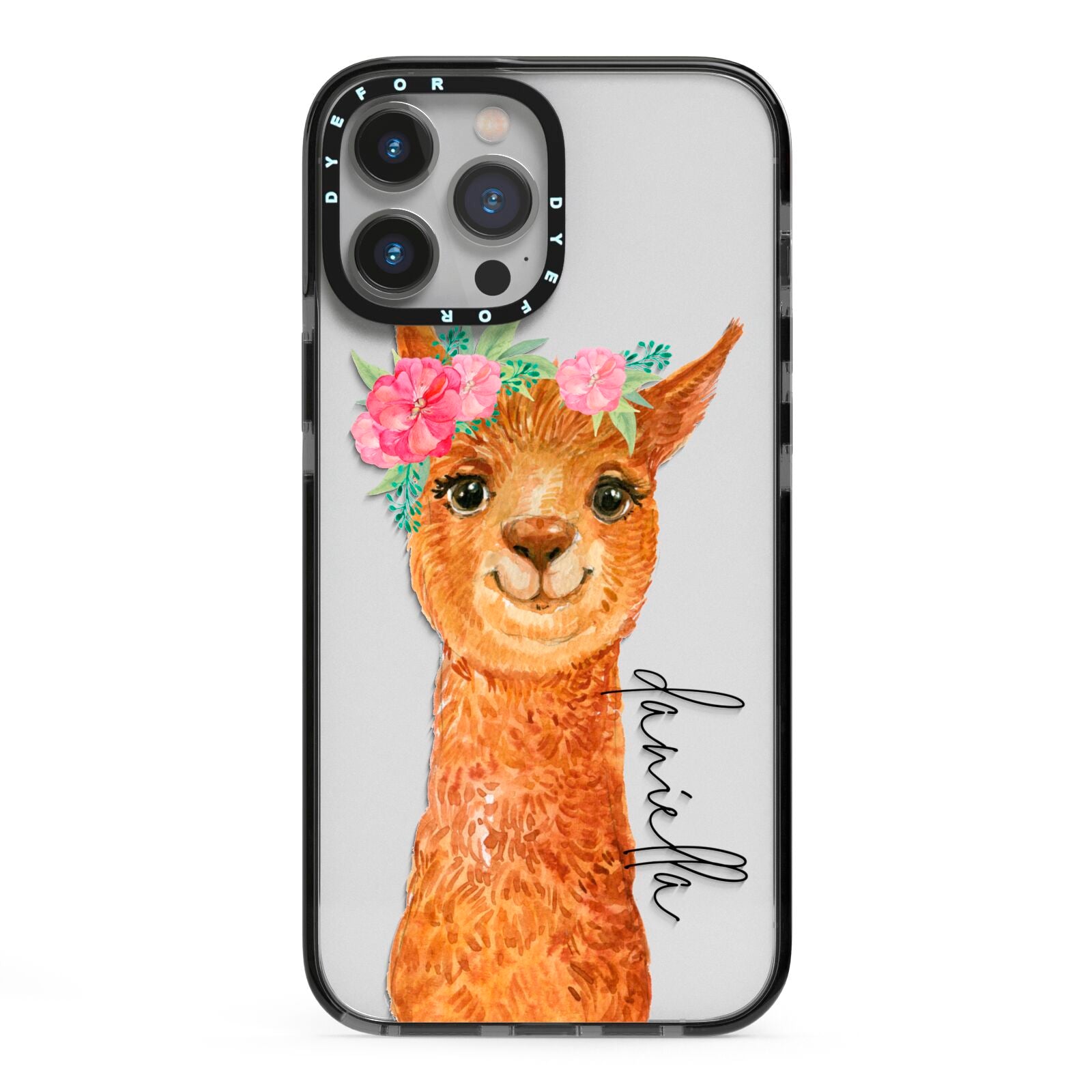 Personalised Llama iPhone 13 Pro Max Black Impact Case on Silver phone