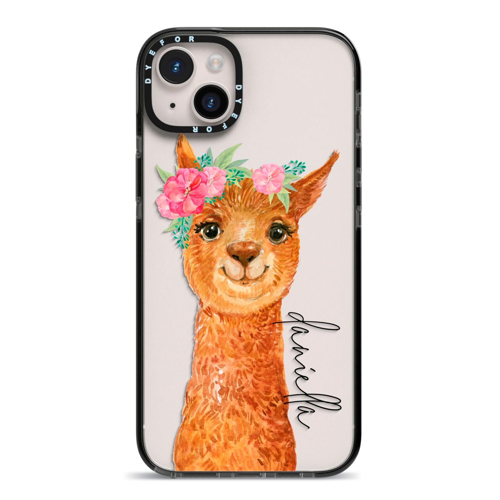 Personalised Llama iPhone 14 Plus Black Impact Case on Silver phone