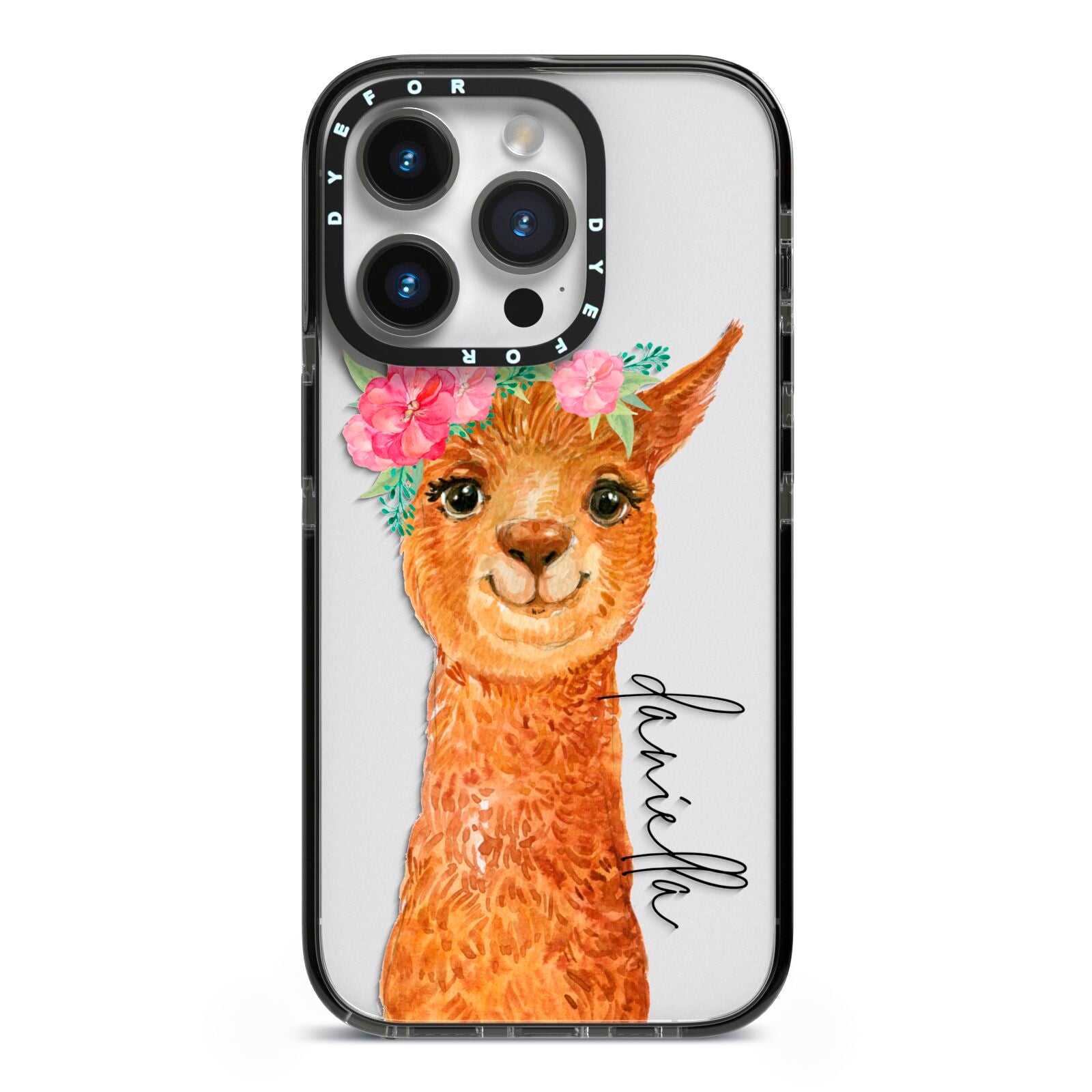 Personalised Llama iPhone 14 Pro Black Impact Case on Silver phone