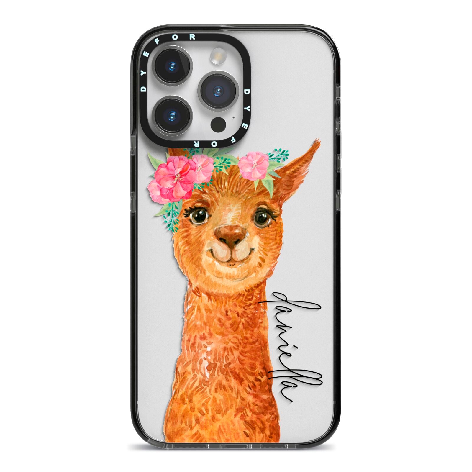 Personalised Llama iPhone 14 Pro Max Black Impact Case on Silver phone