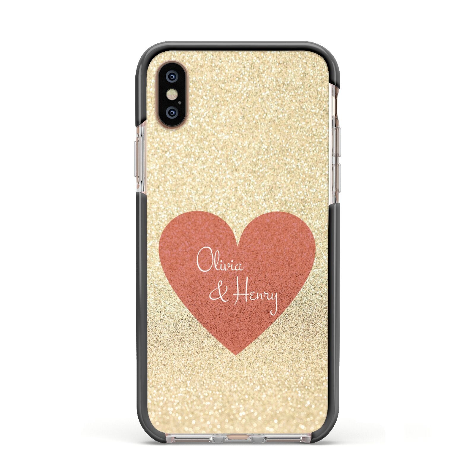 Personalised Love Heart Apple iPhone Xs Impact Case Black Edge on Gold Phone