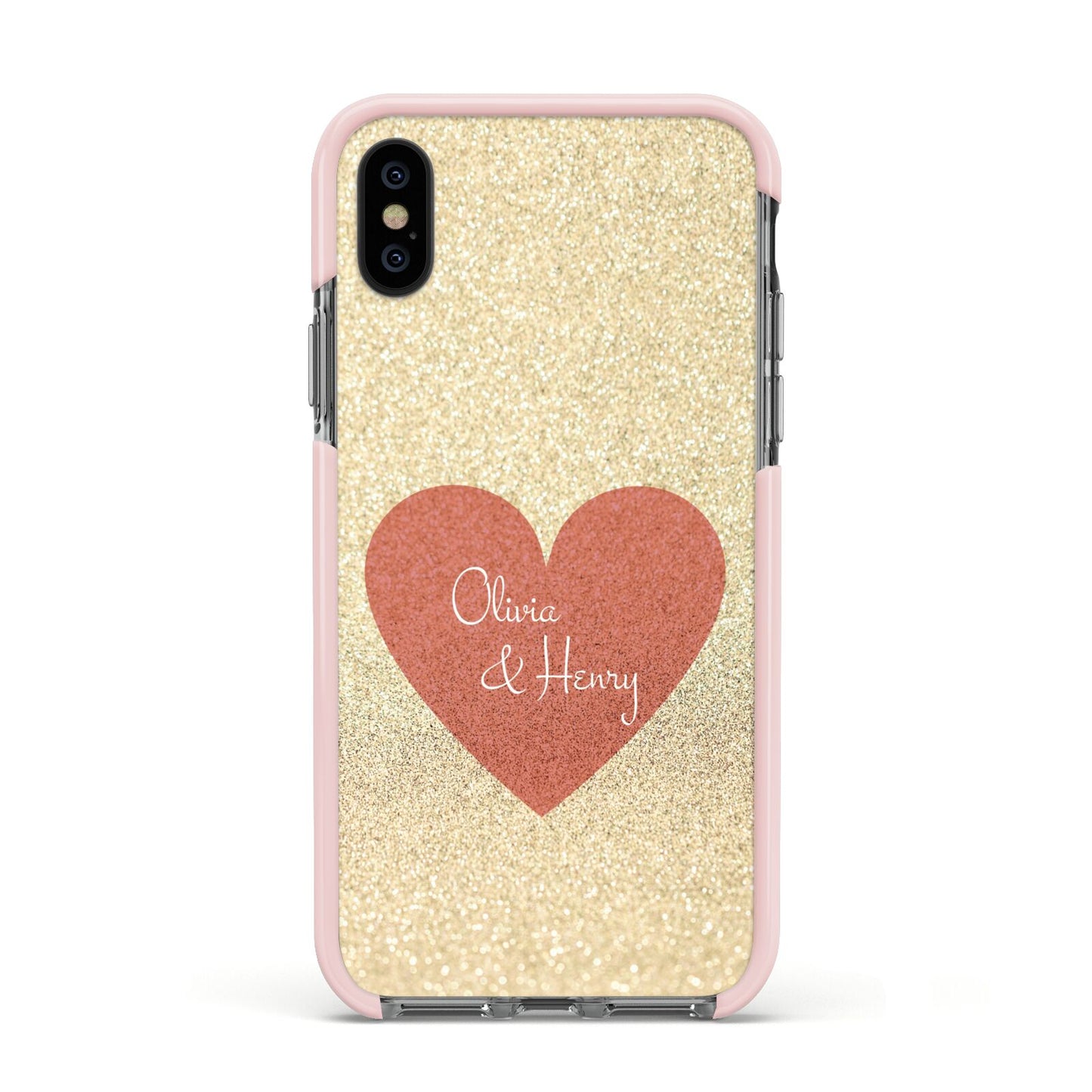 Personalised Love Heart Apple iPhone Xs Impact Case Pink Edge on Black Phone