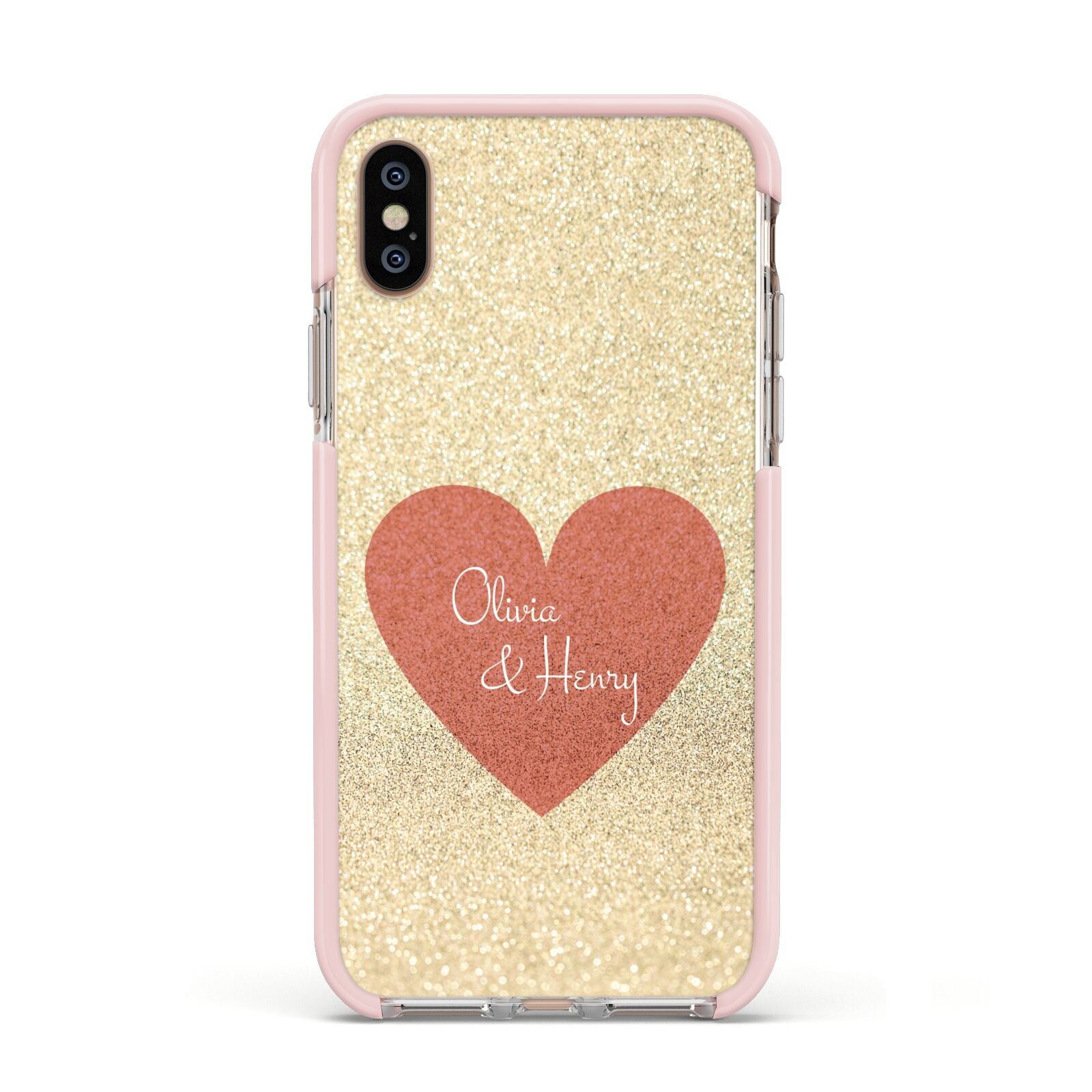 Personalised Love Heart Apple iPhone Xs Impact Case Pink Edge on Gold Phone