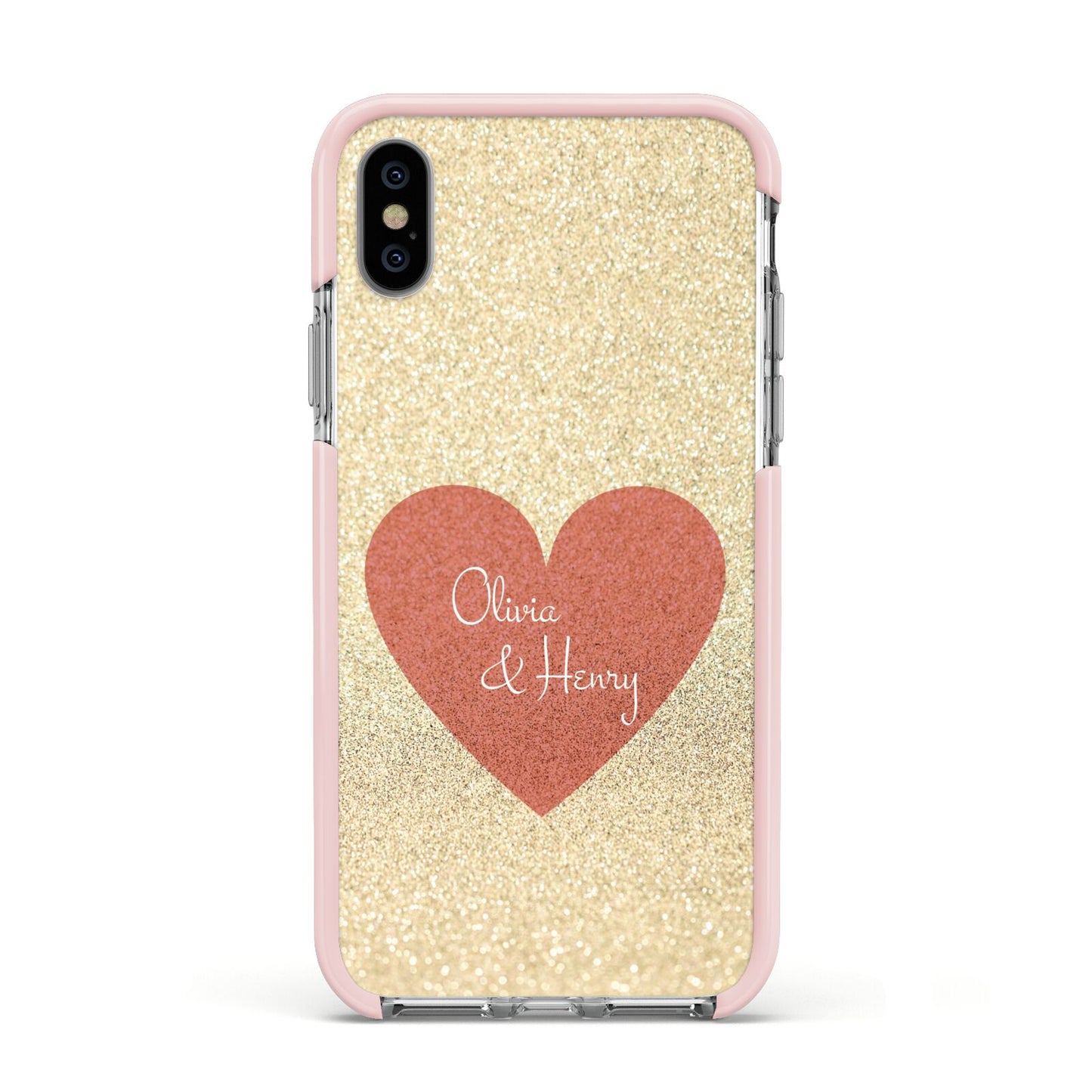 Personalised Love Heart Apple iPhone Xs Impact Case Pink Edge on Silver Phone