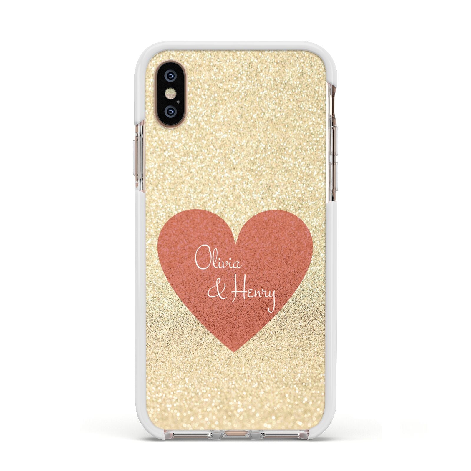 Personalised Love Heart Apple iPhone Xs Impact Case White Edge on Gold Phone