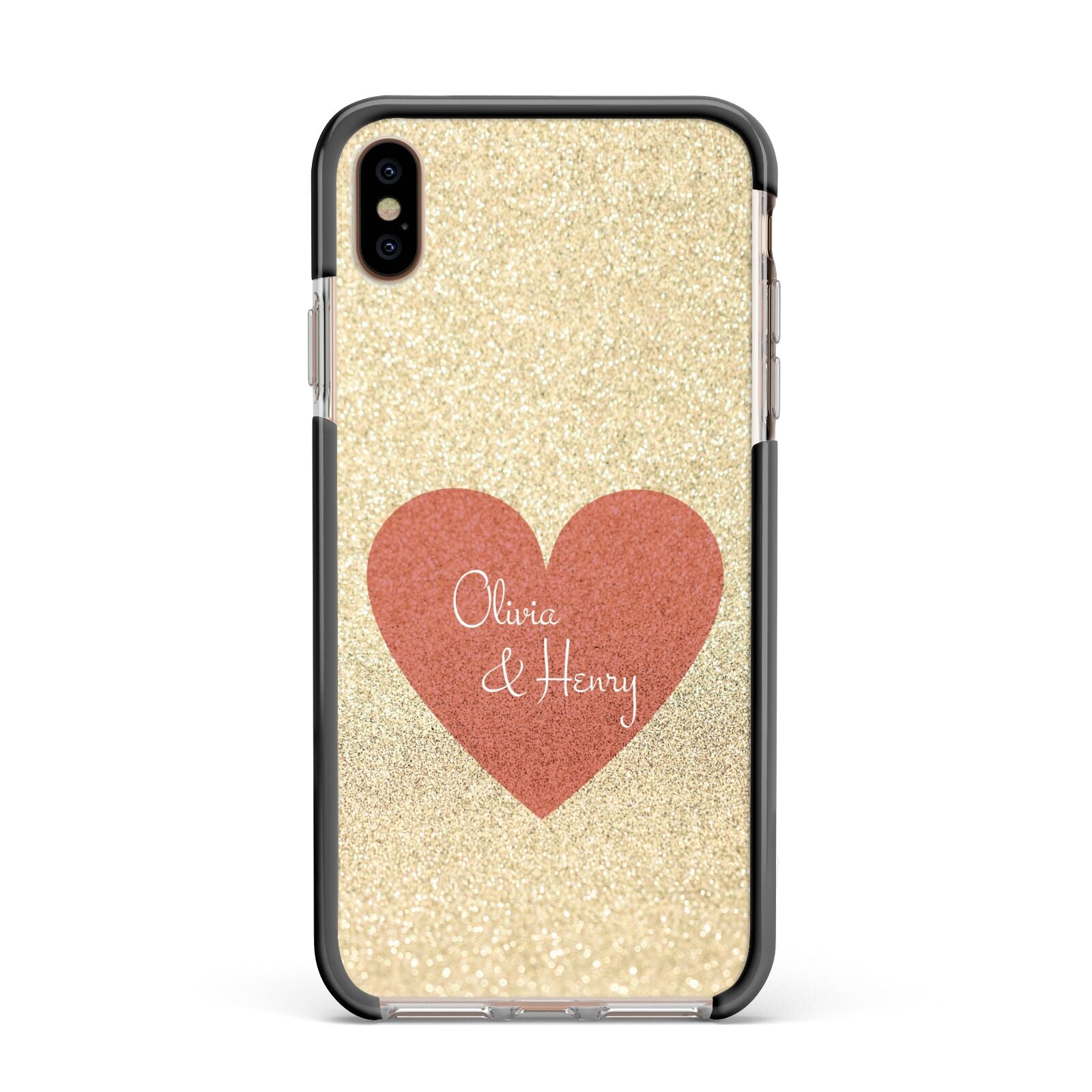 Personalised Love Heart Apple iPhone Xs Max Impact Case Black Edge on Gold Phone