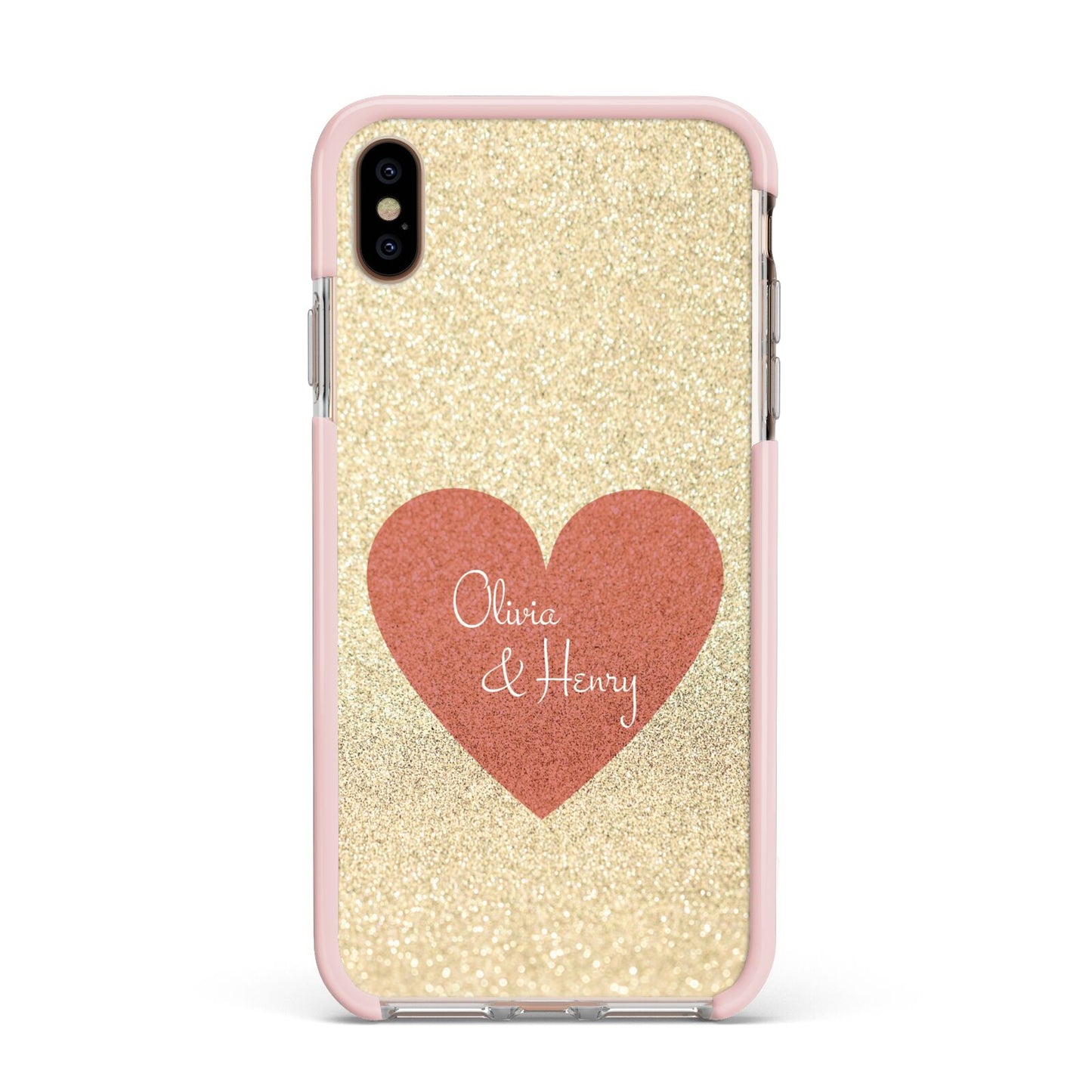 Personalised Love Heart Apple iPhone Xs Max Impact Case Pink Edge on Gold Phone