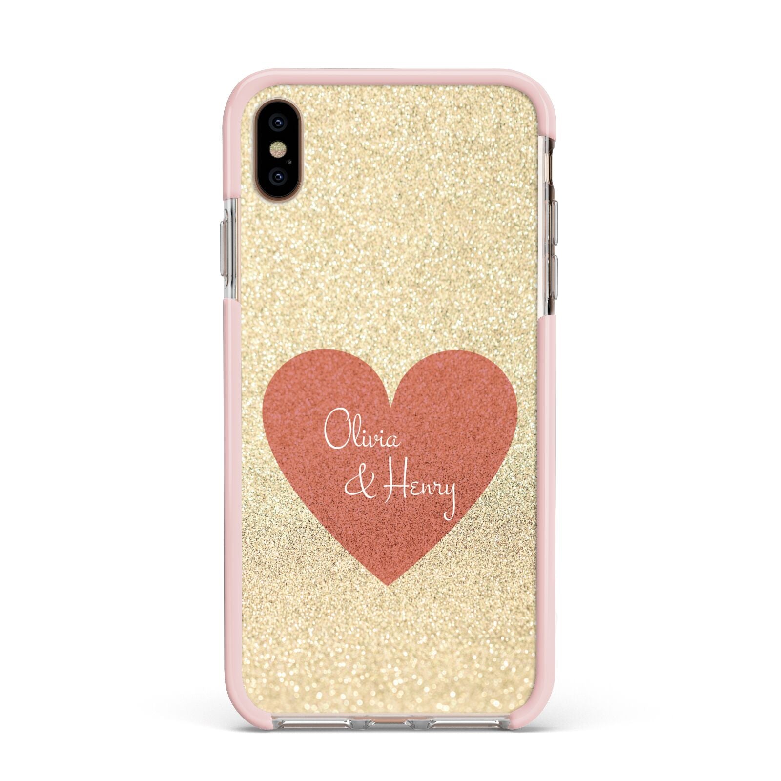 Personalised Love Heart Apple iPhone Xs Max Impact Case Pink Edge on Gold Phone