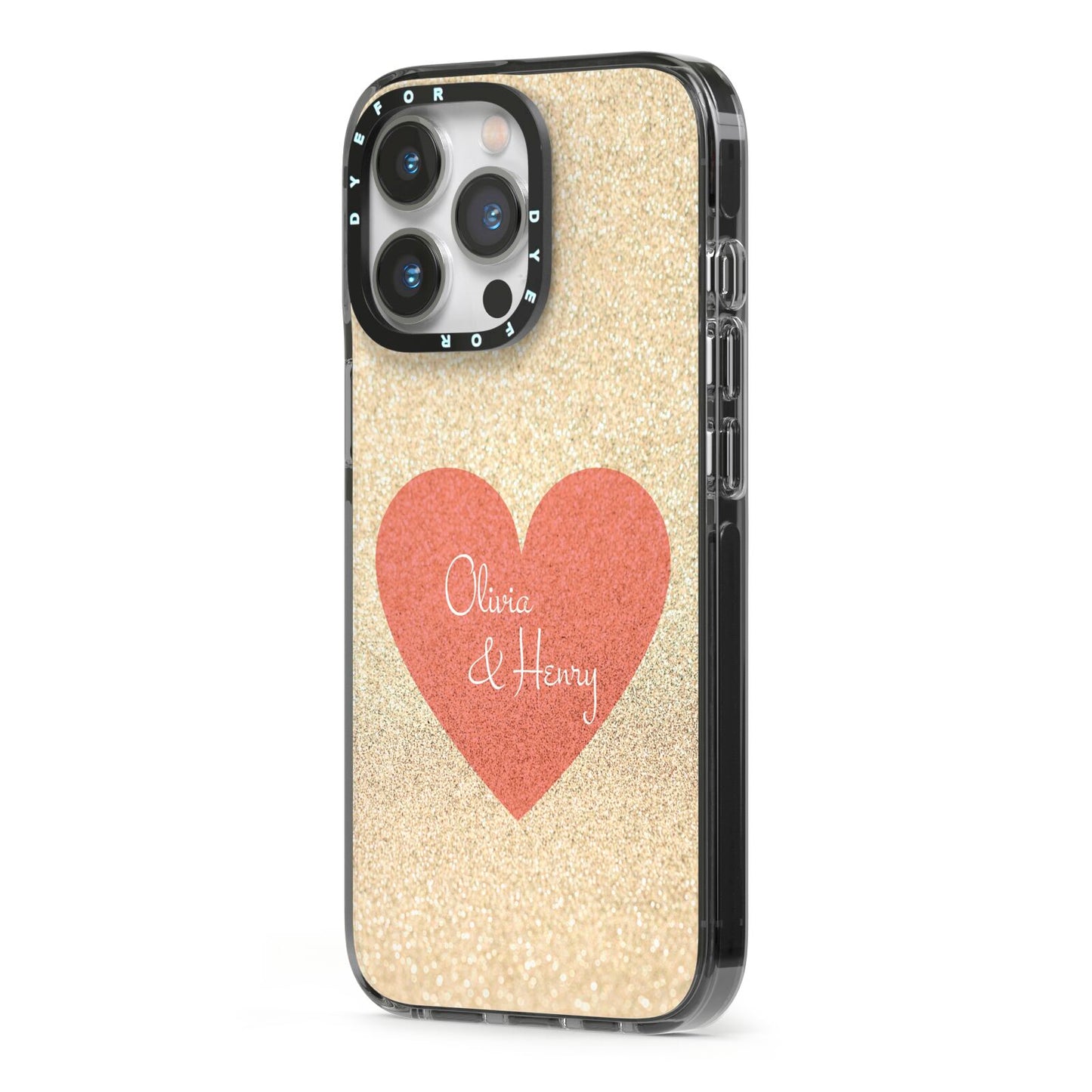 Personalised Love Heart iPhone 13 Pro Black Impact Case Side Angle on Silver phone