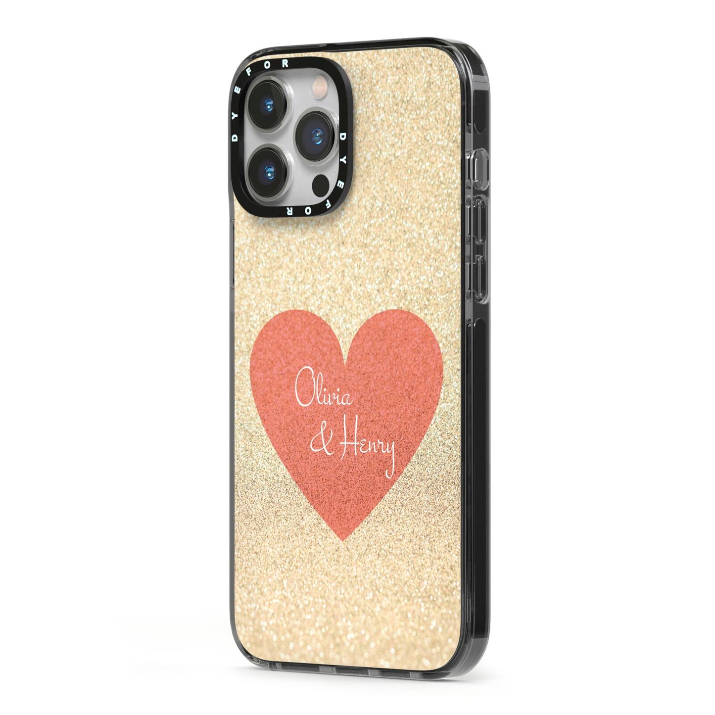 Personalised Love Heart iPhone 13 Pro Max Black Impact Case Side Angle on Silver phone