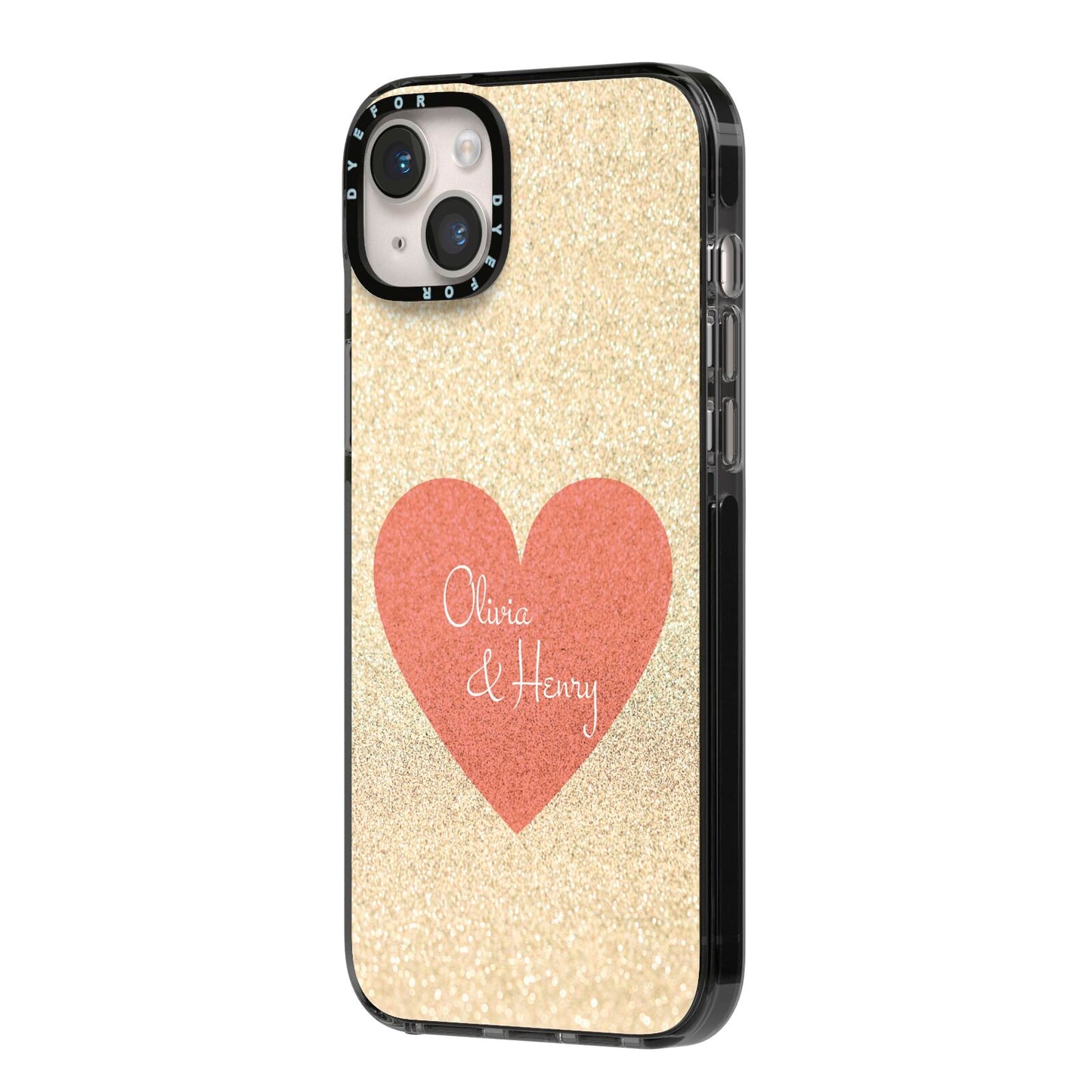 Personalised Love Heart iPhone 14 Plus Black Impact Case Side Angle on Silver phone