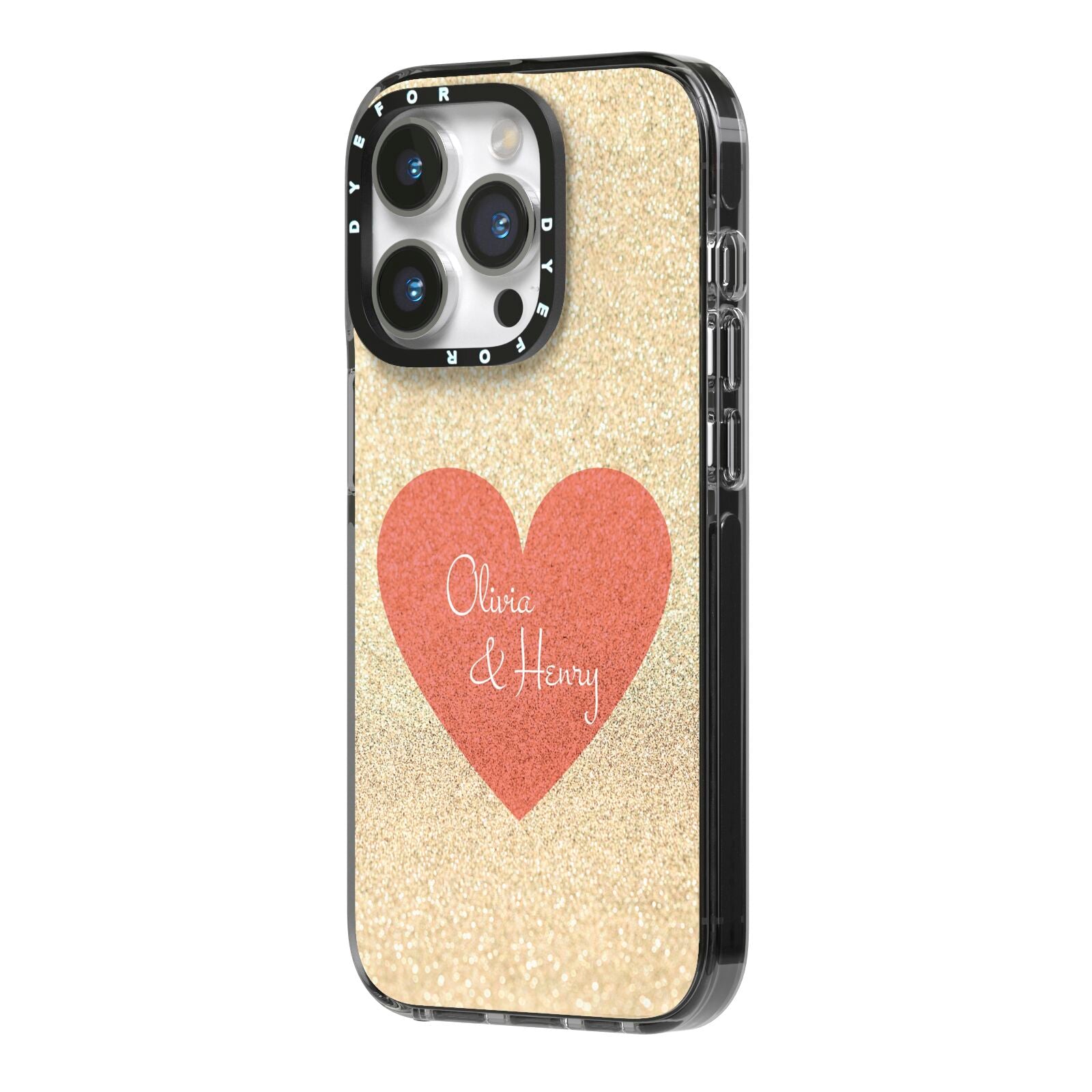 Personalised Love Heart iPhone 14 Pro Black Impact Case Side Angle on Silver phone