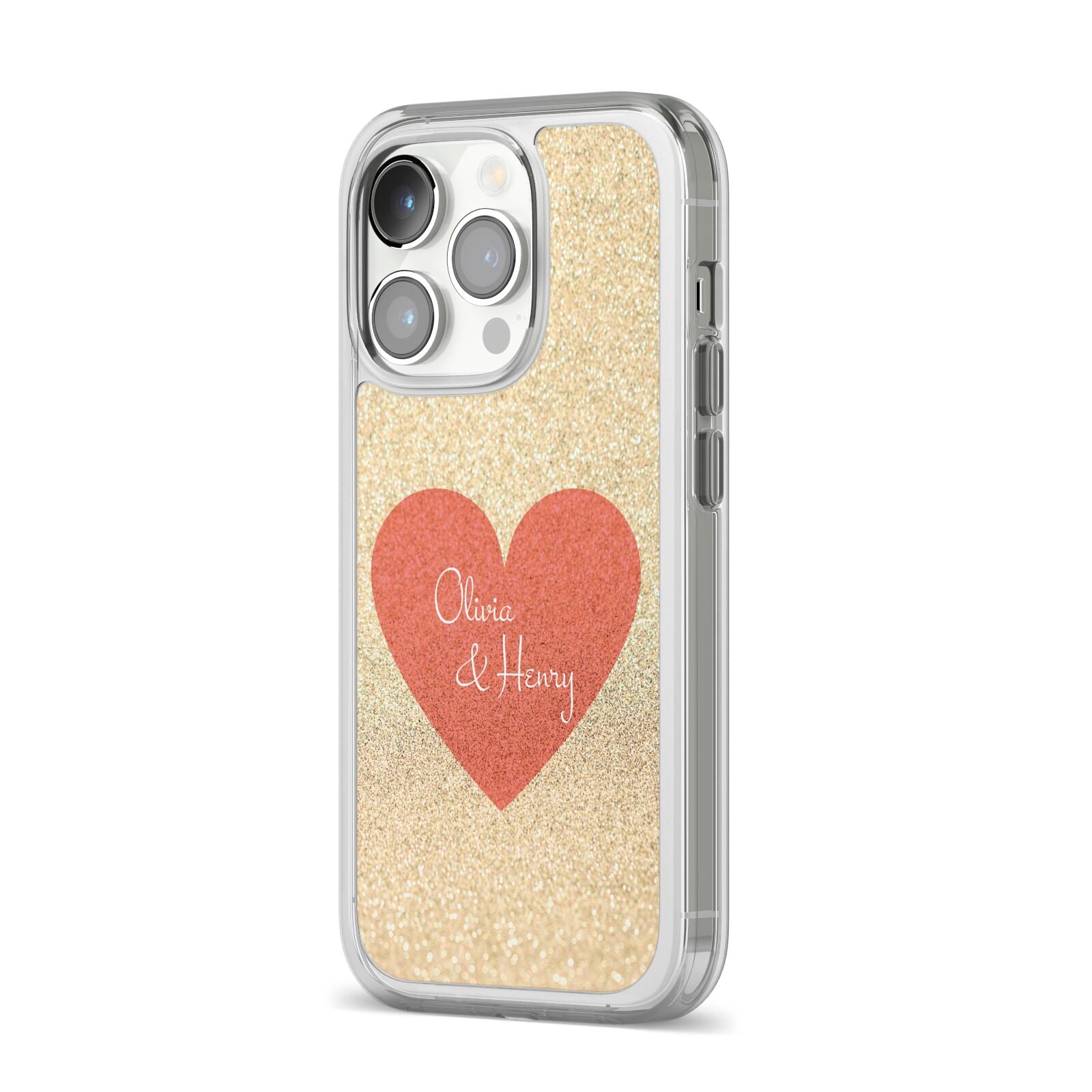 Personalised Love Heart iPhone 14 Pro Clear Tough Case Silver Angled Image