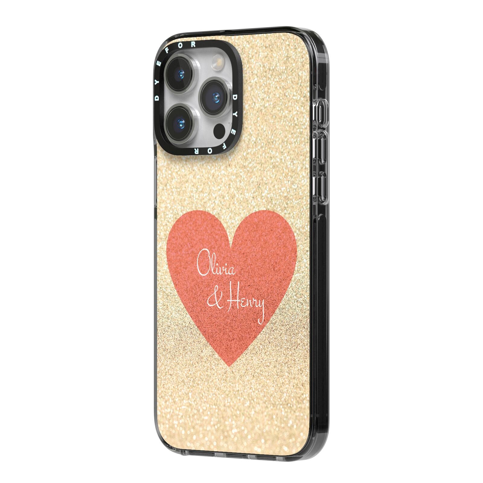 Personalised Love Heart iPhone 14 Pro Max Black Impact Case Side Angle on Silver phone