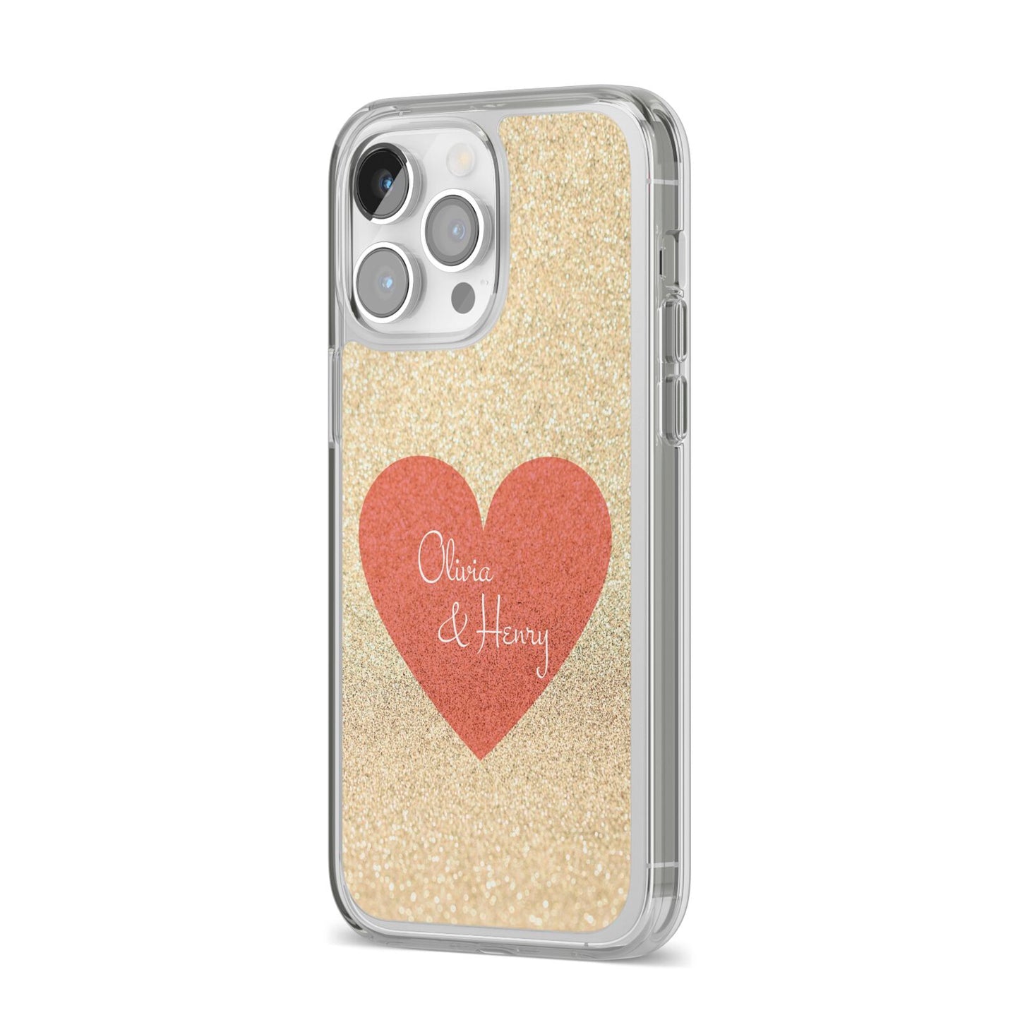 Personalised Love Heart iPhone 14 Pro Max Clear Tough Case Silver Angled Image