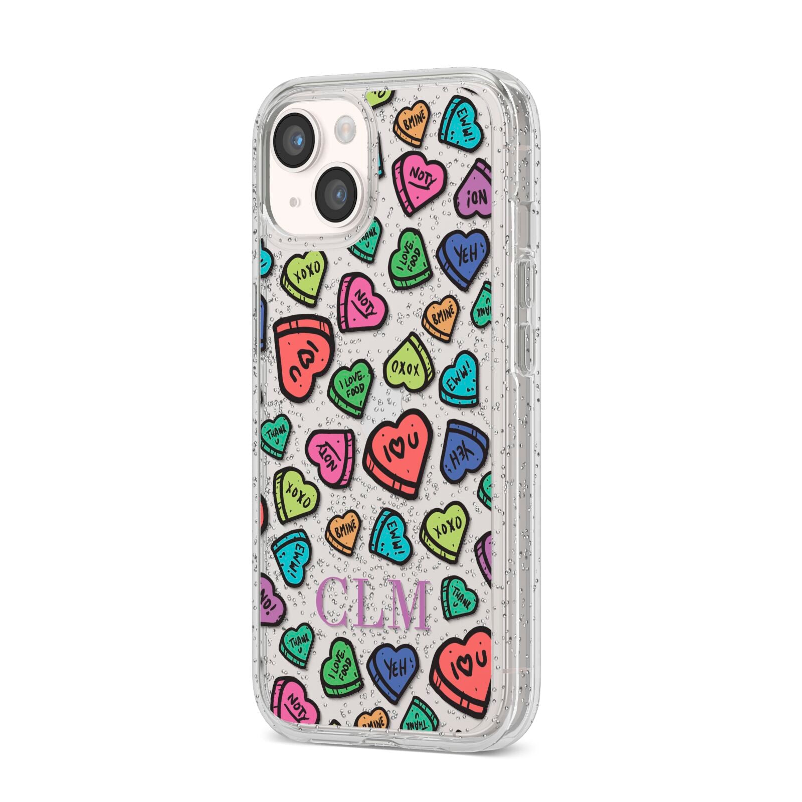 Personalised Love Hearts Initials iPhone 14 Glitter Tough Case Starlight Angled Image