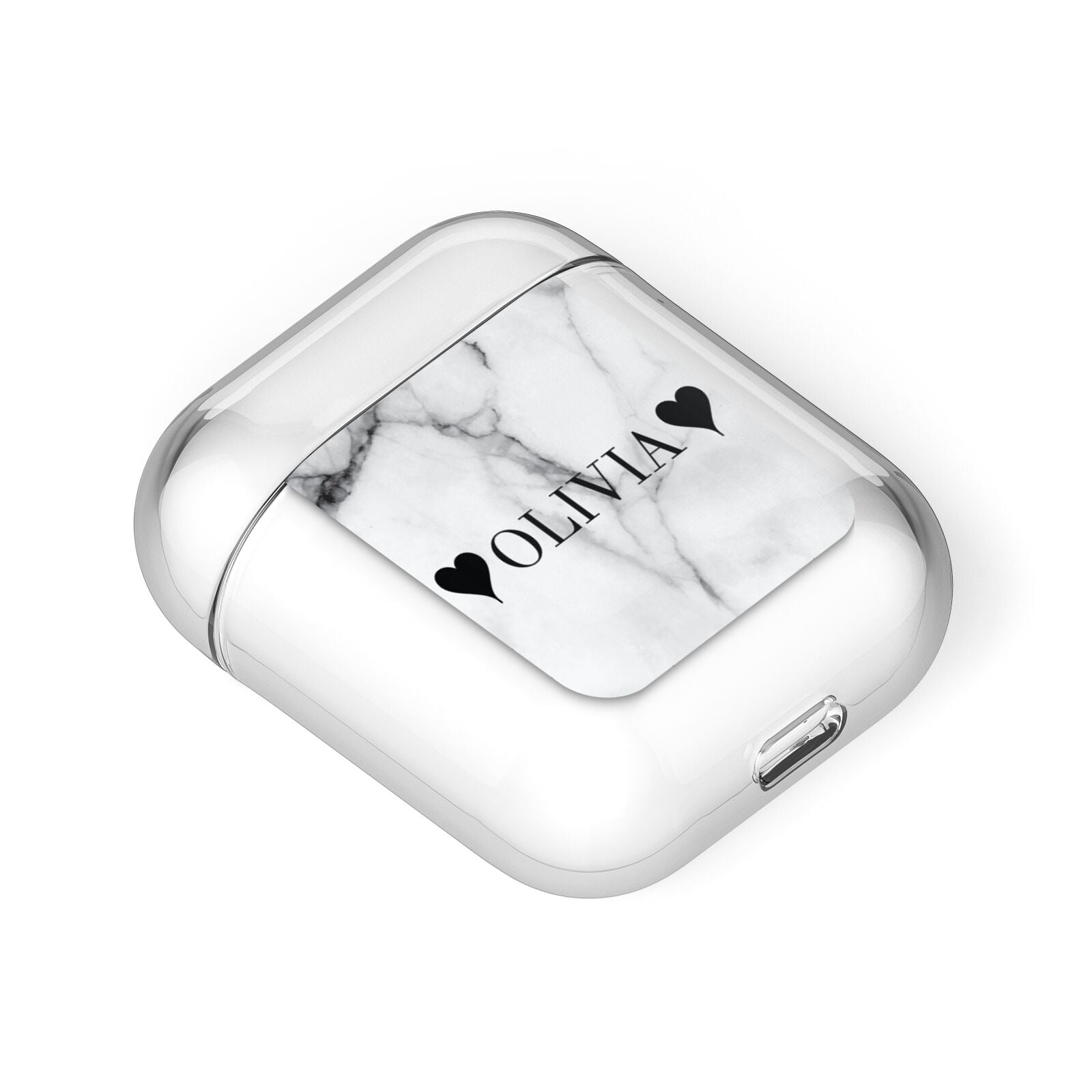 Personalised Love Hearts Marble Name AirPods Case Laid Flat